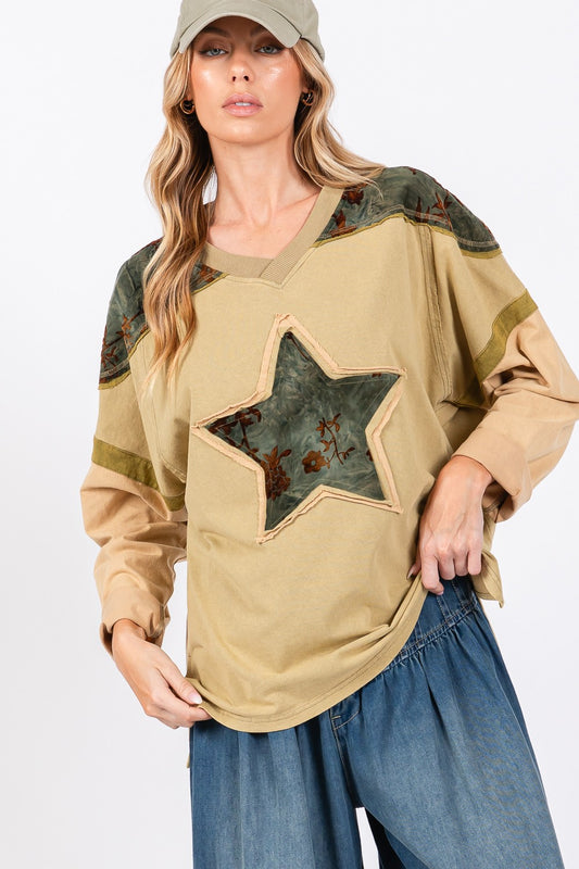 Blue Zone Planet | SAGE + FIG Star Patch Long Sleeve Color Block T-Shirt-TOPS / DRESSES-[Adult]-[Female]-Olive-S-2022 Online Blue Zone Planet