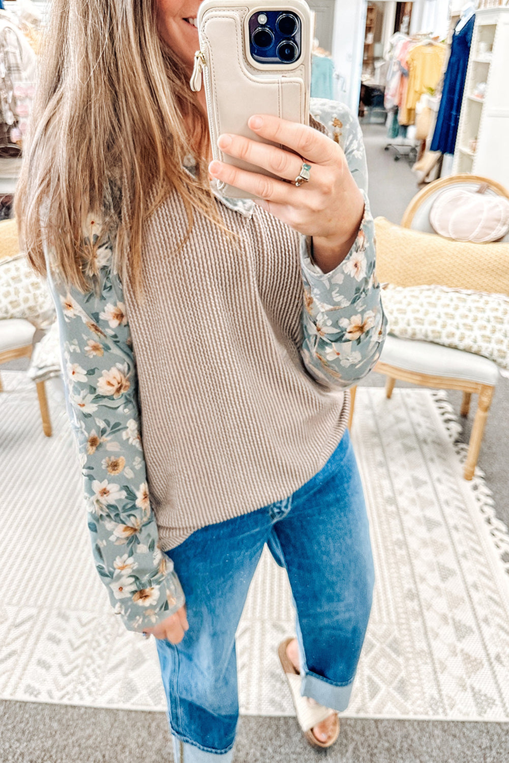 Parchment Twist Ribbed Floral Contrast Patchwork Long Sleeve Top-Tops/Long Sleeve Tops-[Adult]-[Female]-2022 Online Blue Zone Planet