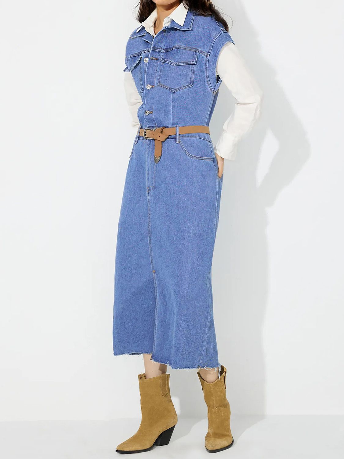 Slit Half Button Collared Neck Cap Sleeve Denim Dress-TOPS / DRESSES-[Adult]-[Female]-2022 Online Blue Zone Planet