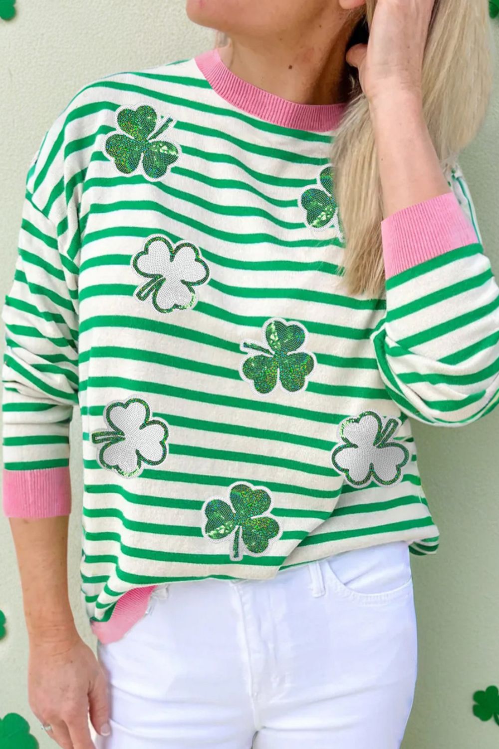 Striped Lucky Clover Long Sleeve Sweatshirt-TOPS / DRESSES-[Adult]-[Female]-Gum Leaf-S-2022 Online Blue Zone Planet
