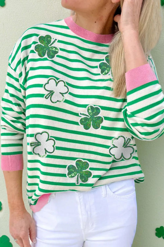Striped Lucky Clover Long Sleeve Sweatshirt-TOPS / DRESSES-[Adult]-[Female]-Gum Leaf-S-2022 Online Blue Zone Planet