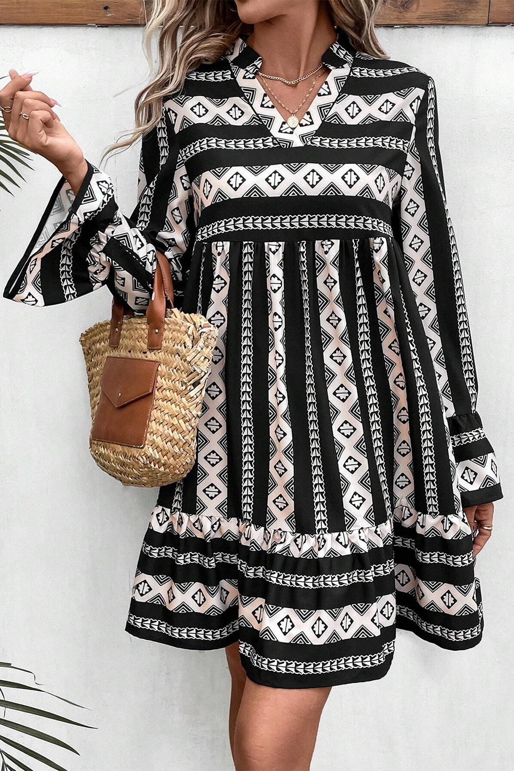 Black Boho Geometric Printed Flared Long Sleeve Mini Dress-Dresses/Mini Dresses-[Adult]-[Female]-2022 Online Blue Zone Planet