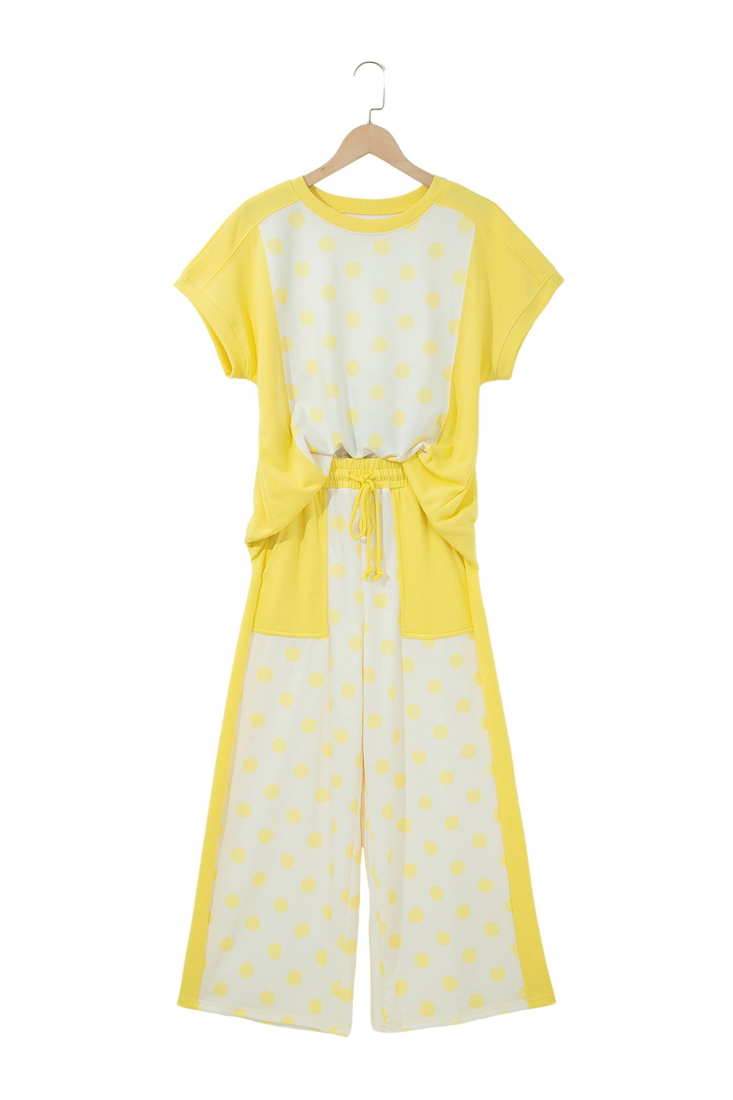Yellow Color Block Patchwork Polka Dot Wide Leg Pant Set-Two Piece Sets/Pant Sets-[Adult]-[Female]-2022 Online Blue Zone Planet