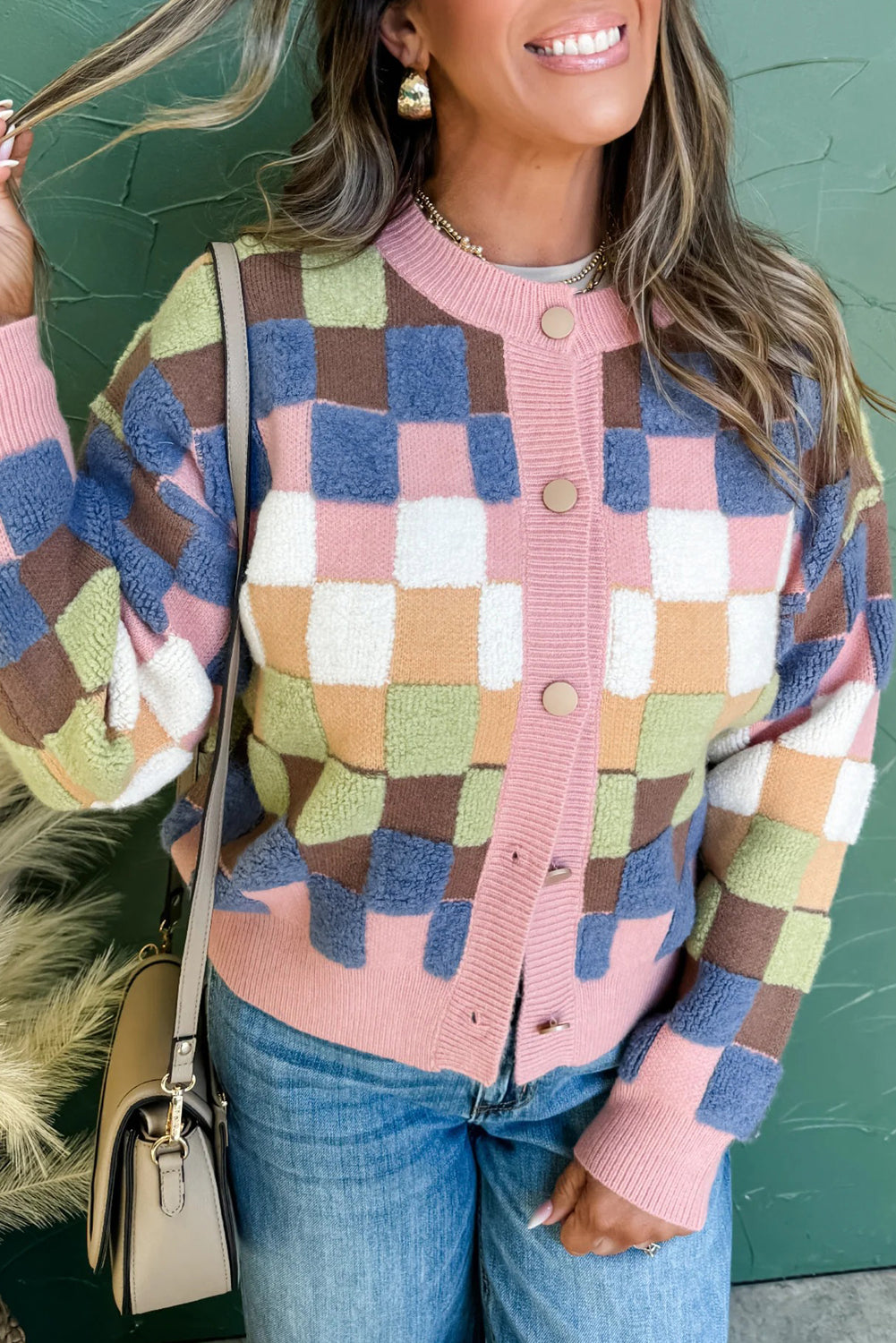 Multicolour Plush Checkered Pattern Button Front Cardigan Sweater-Sweaters & Cardigans/Cardigans-[Adult]-[Female]-Multicolour-S-2022 Online Blue Zone Planet