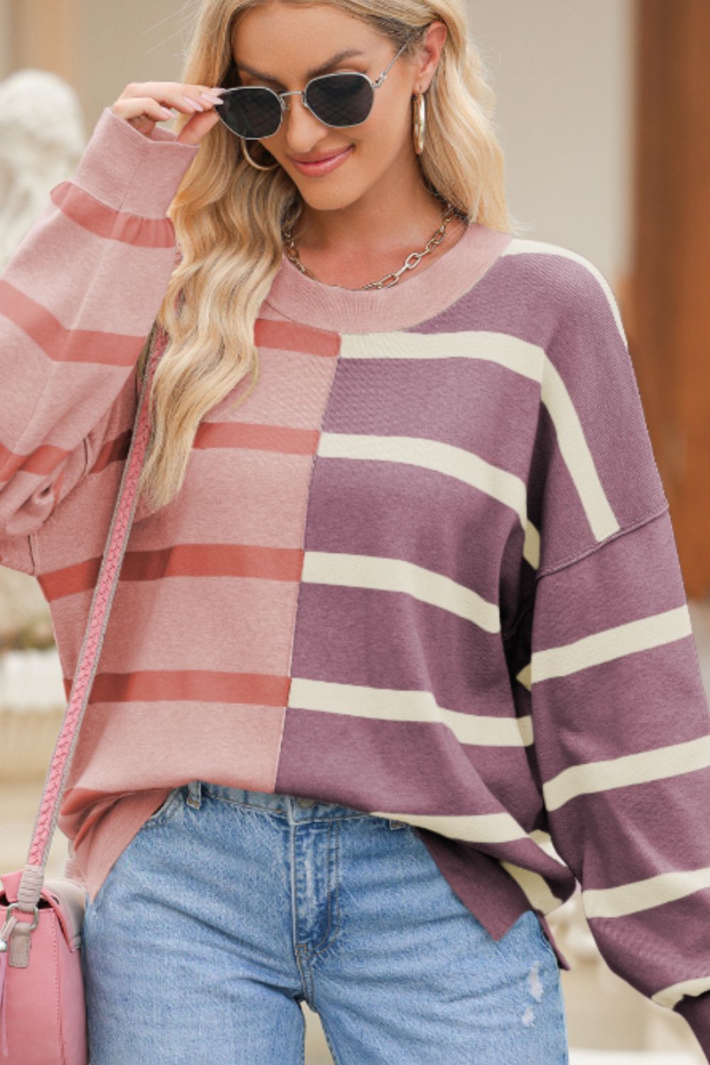 Contrast Striped Long Sleeve Sweatshirt-TOPS / DRESSES-[Adult]-[Female]-2022 Online Blue Zone Planet