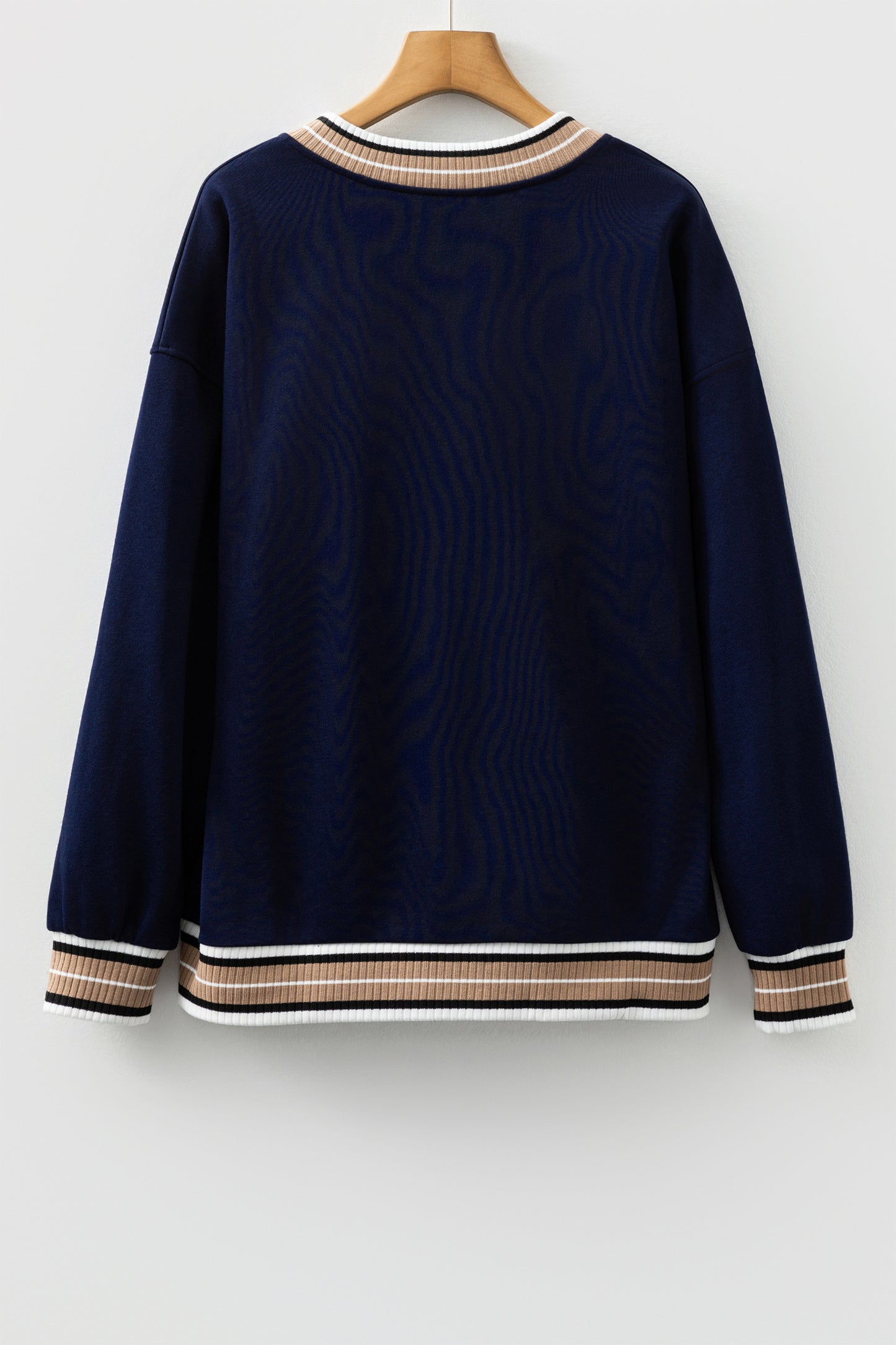 Navy Blue Varsity Contrast Striped Trim V Neck Sweatshirt-Tops/Sweatshirts & Hoodies-[Adult]-[Female]-2022 Online Blue Zone Planet
