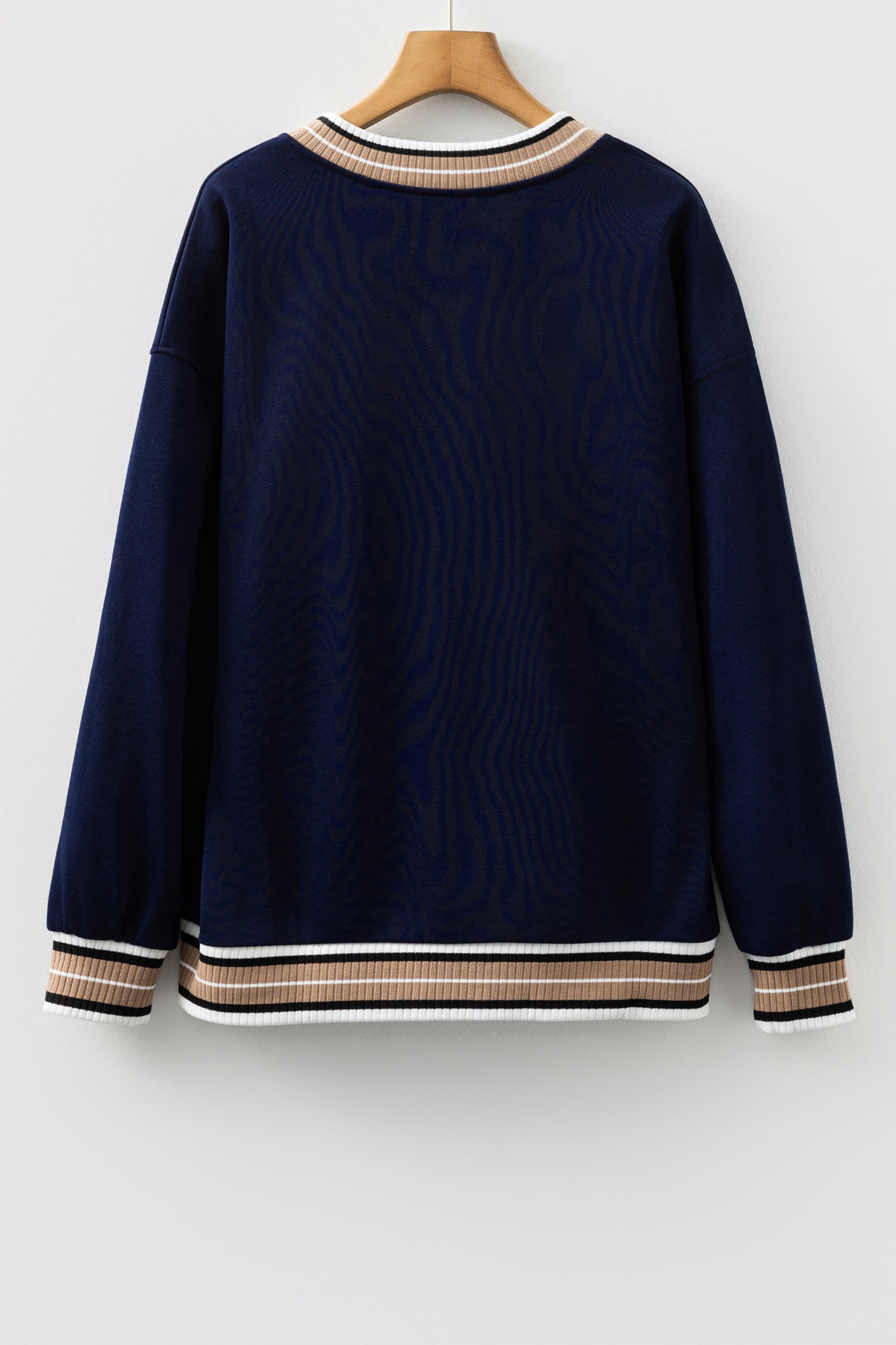 Navy Blue Varsity Contrast Striped Trim V Neck Sweatshirt-Tops/Sweatshirts & Hoodies-[Adult]-[Female]-2022 Online Blue Zone Planet