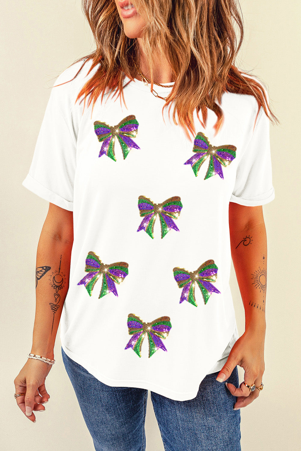 Black Sequin Mardi Gras Bow Graphic Crewneck Tee-Graphic Tees-[Adult]-[Female]-2022 Online Blue Zone Planet