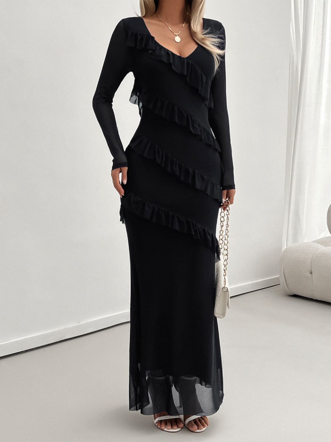 Devine Ruffled Surplice Long Sleeve Maxi Dress-TOPS / DRESSES-[Adult]-[Female]-Black-S-2022 Online Blue Zone Planet