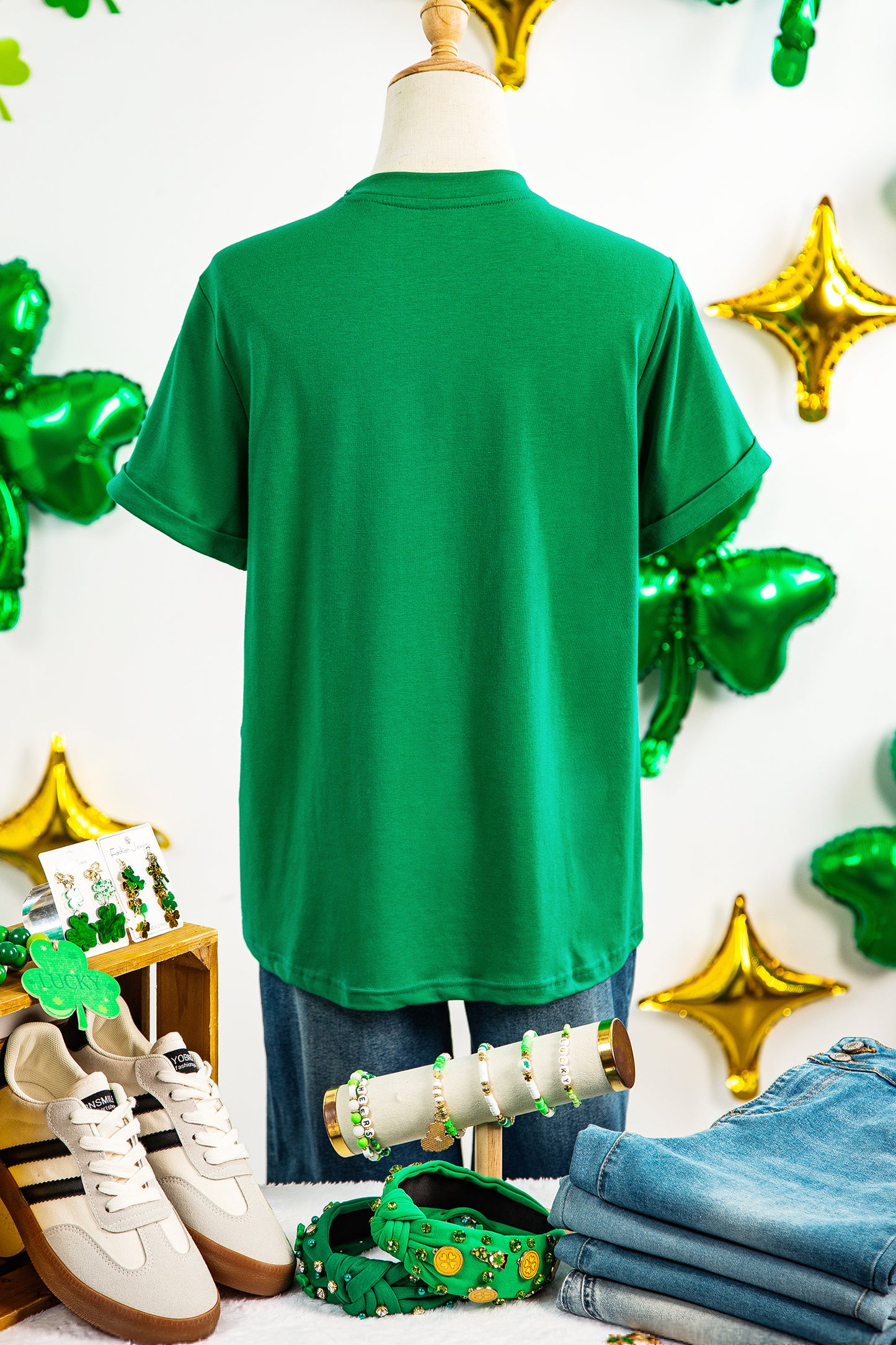 Bright Green St Patricks Day Lucky Shamrock Printed Casual Tee-Graphic/Graphic Tees-[Adult]-[Female]-2022 Online Blue Zone Planet