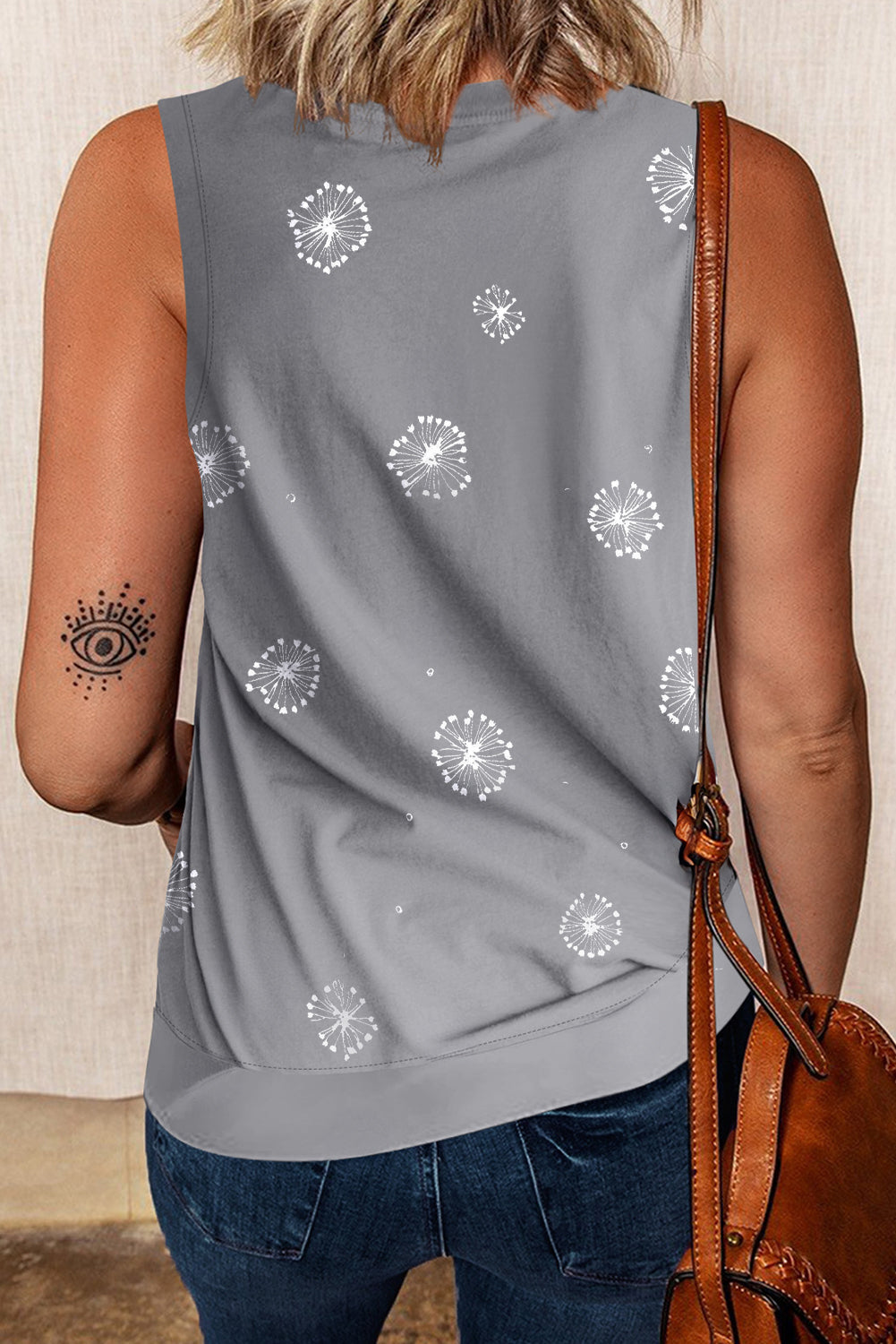 Gray Floral Print Knit Tank with Slits-Tops/Tank Tops-[Adult]-[Female]-2022 Online Blue Zone Planet