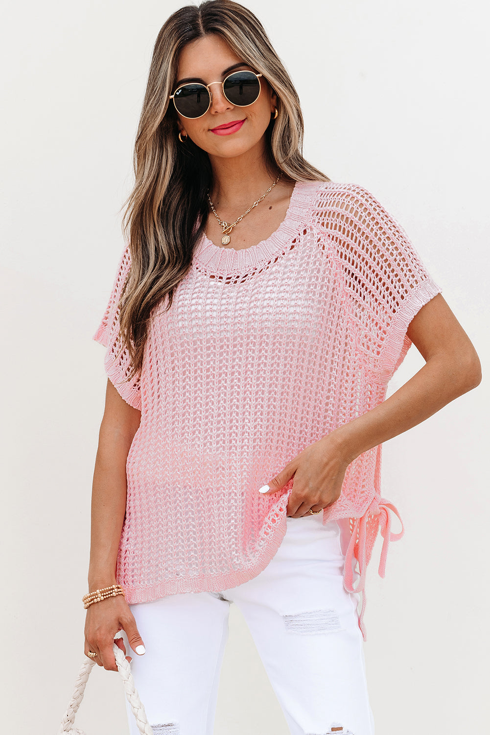 Pink Hollow-Out Crochet Side Tied Short Sleeve Sweater-TOPS / DRESSES-[Adult]-[Female]-2022 Online Blue Zone Planet