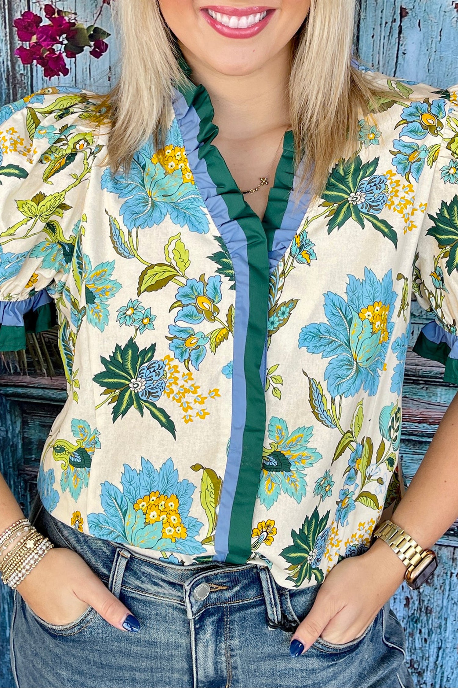 Sky Blue Plus Size Frilled V Neck Short Sleeve Floral Blouse-Plus Size/Plus Size Tops/Plus Size Blouses & Shirts-[Adult]-[Female]-2022 Online Blue Zone Planet