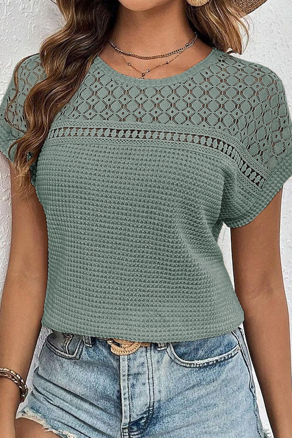 Mist Green Lace Patchwork Waffle Short Sleeve Top-Tops/Tops & Tees-[Adult]-[Female]-Mist Green-S-2022 Online Blue Zone Planet