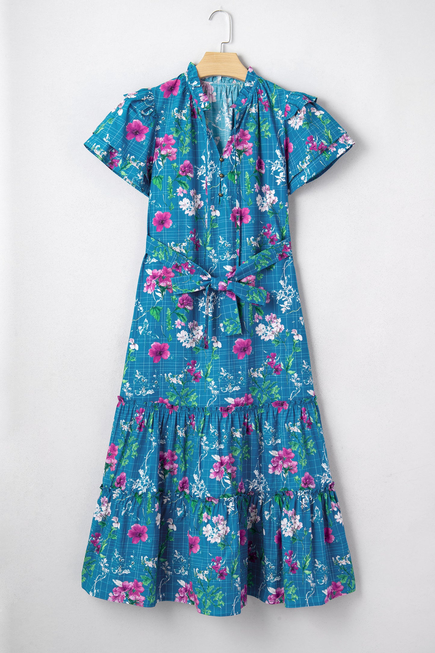 Blue Floral Flutter Sleeve Button Tie Split Neck Belted Long Dress-TOPS / DRESSES-[Adult]-[Female]-2022 Online Blue Zone Planet