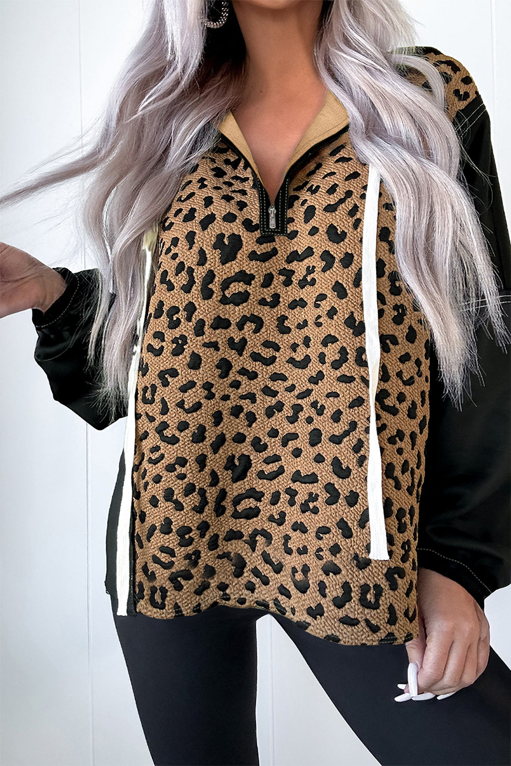 Brown Leopard Patchwork Contrast Stitching Knotted Cuff Quarter Zip Hoodie-Tops/Sweatshirts & Hoodies-[Adult]-[Female]-2022 Online Blue Zone Planet