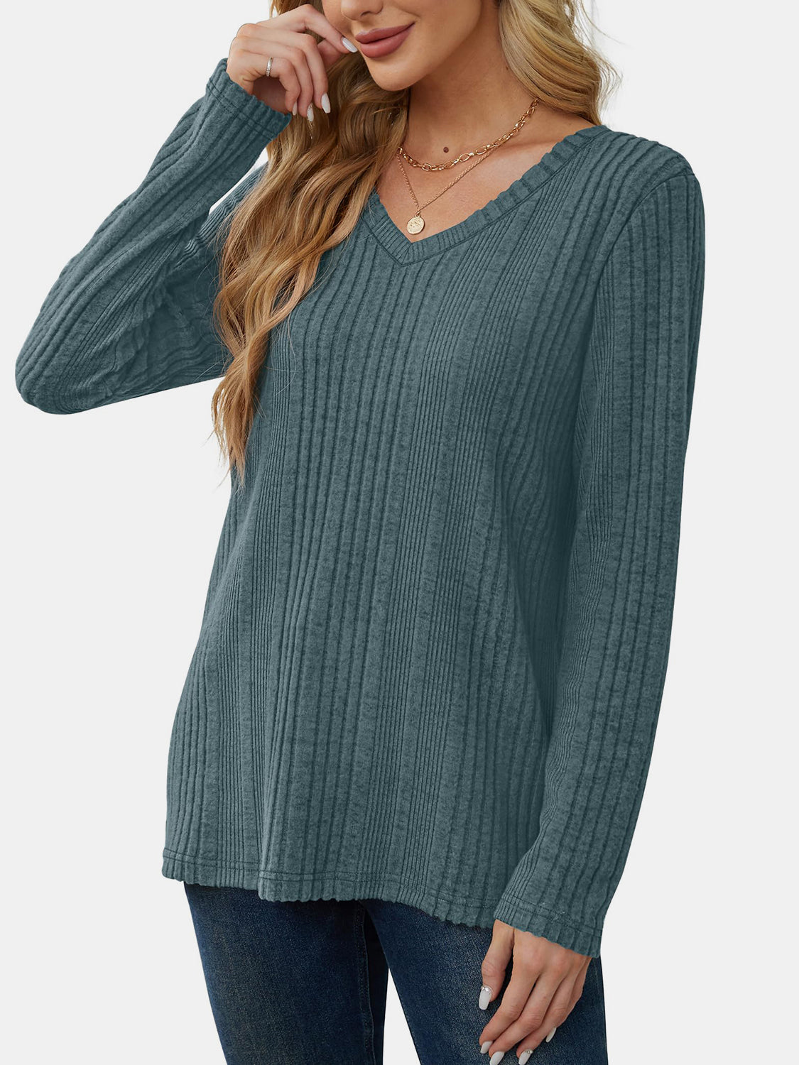 V-Neck Long Sleeve T-Shirt-TOPS / DRESSES-[Adult]-[Female]-2022 Online Blue Zone Planet