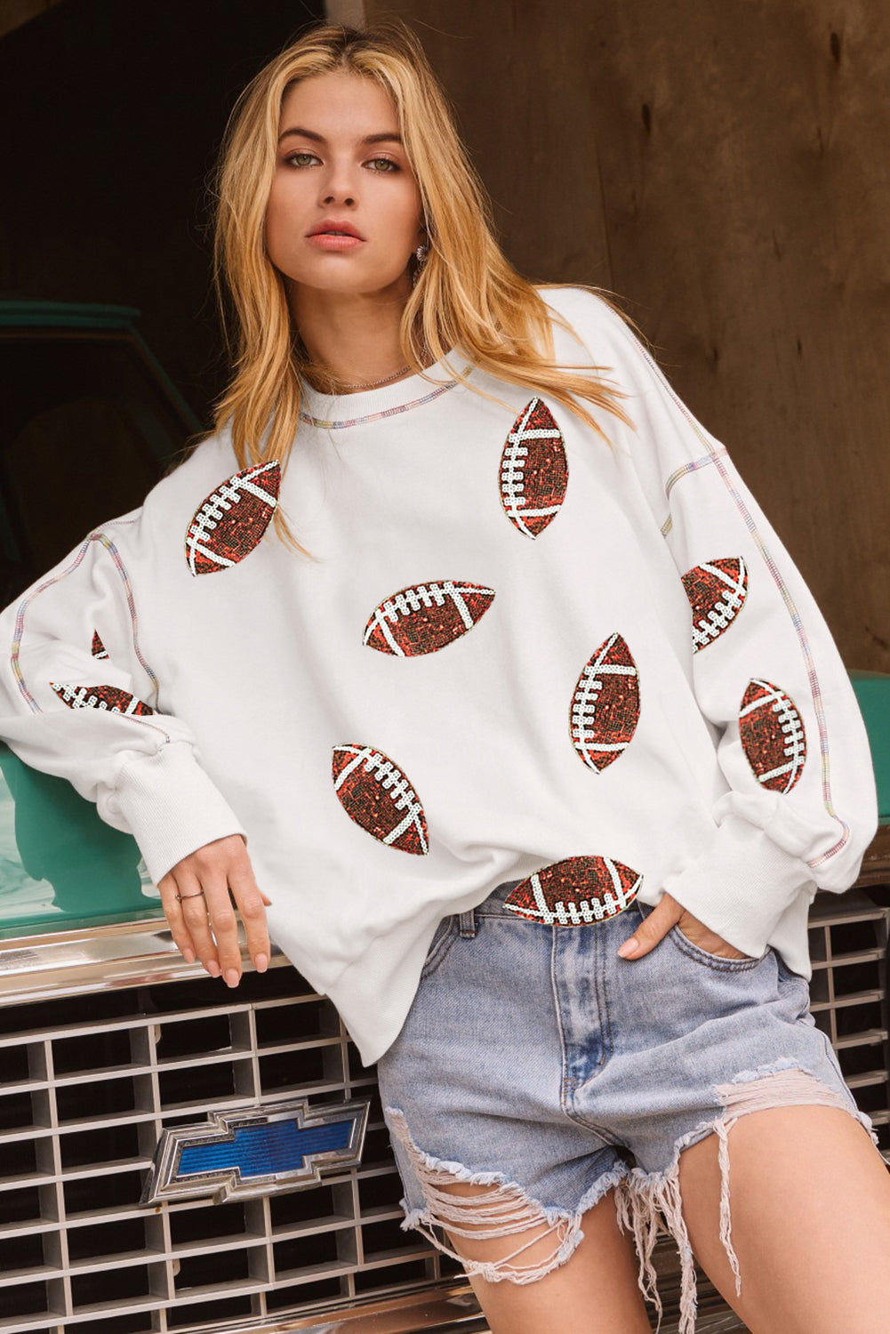 White Sequin Rugby Football Pattern Exposed Seam Game Day Sweatshirt-Graphic/Graphic Sweatshirts-[Adult]-[Female]-2022 Online Blue Zone Planet