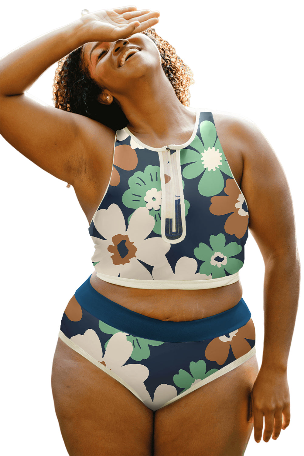 Green Floral Print Zipped Plus Size Two Pieces Bikini-Bikini Sets-[Adult]-[Female]-2022 Online Blue Zone Planet