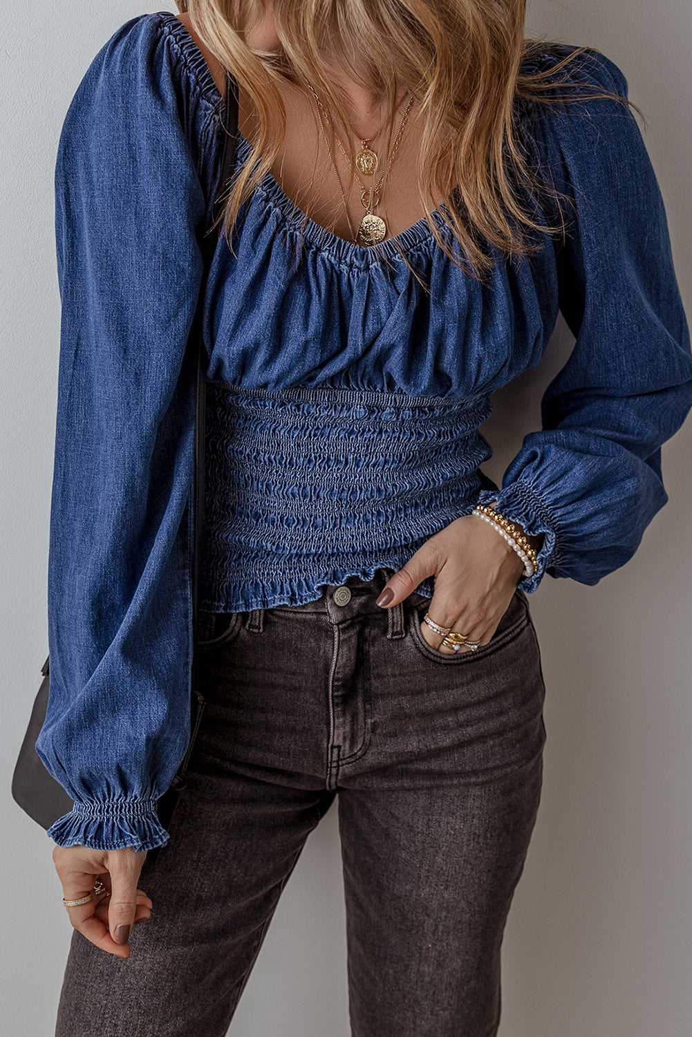 Dark Blue Smocked Ruffled Puff Sleeve V Neck Denim Blouse-Tops/Blouses & Shirts-[Adult]-[Female]-2022 Online Blue Zone Planet