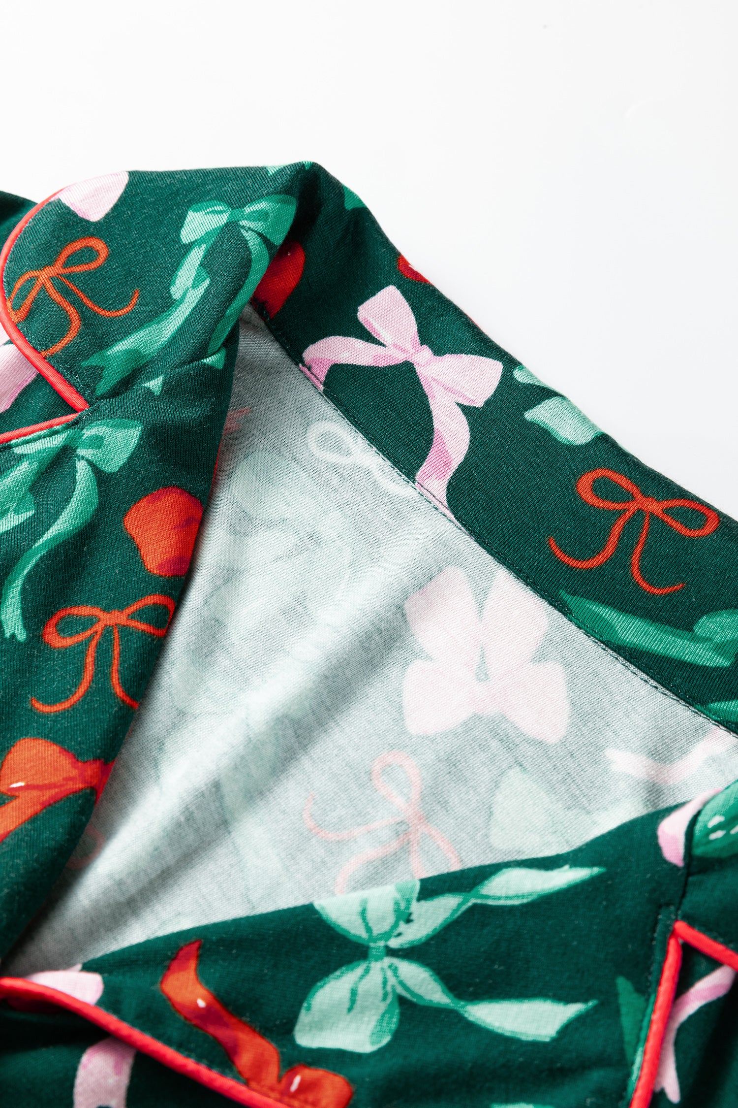 Green Festive Bow Print Long Sleeve Shirt and Pajama Short Set-Loungewear & Sleepwear/Loungewear-[Adult]-[Female]-2022 Online Blue Zone Planet