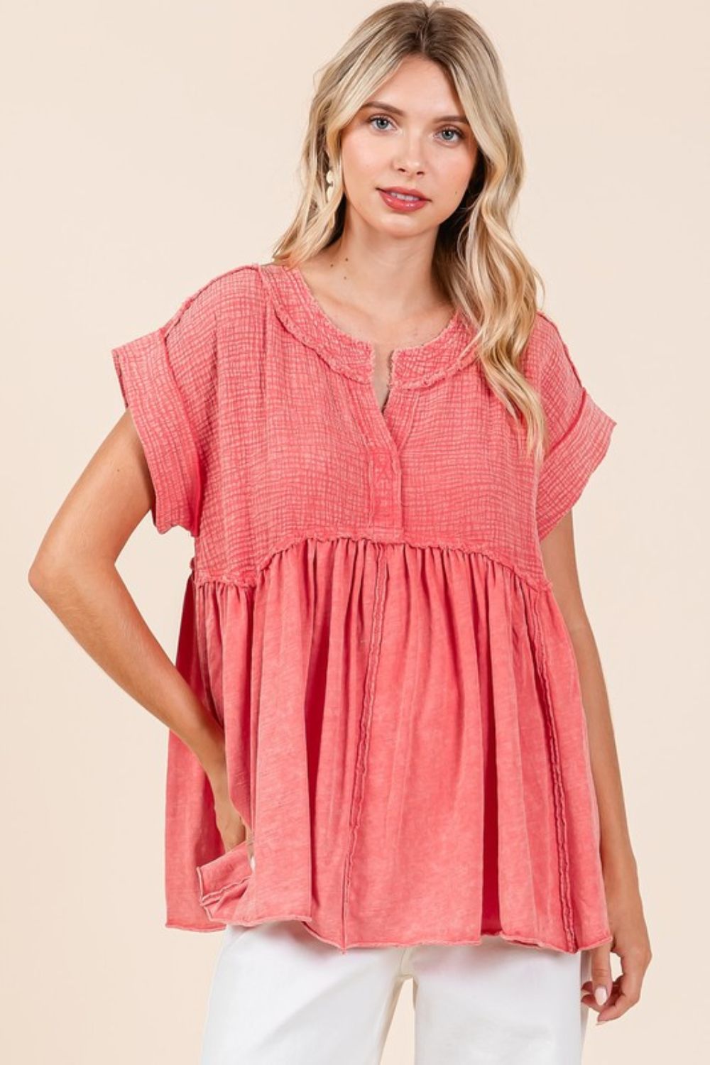 Mittoshop Mixed Media Mineral Wash Babydoll Short Sleeve Blouse-TOPS / DRESSES-[Adult]-[Female]-2022 Online Blue Zone Planet