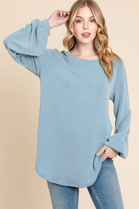 BOMBOM Long Sleeve Curved Hem Ribbed T-Shirt-TOPS / DRESSES-[Adult]-[Female]-Denim-S-2022 Online Blue Zone Planet