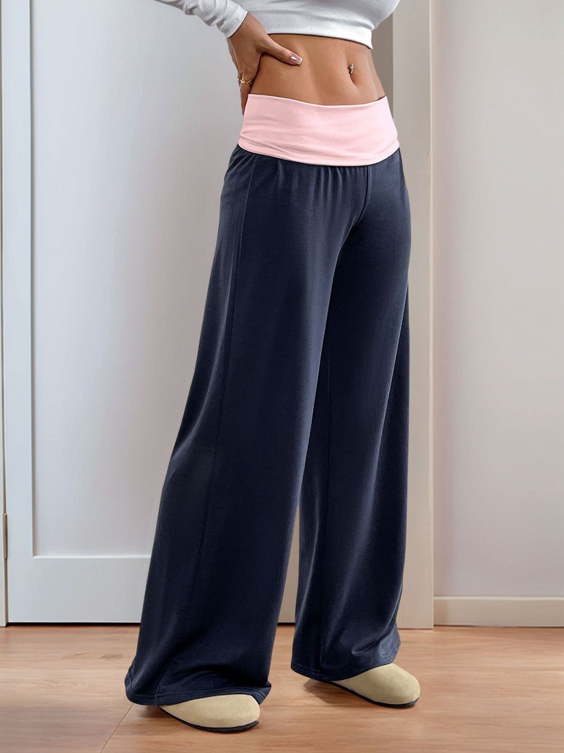 Blue Zone Planet | Perfee Contrast Wide Leg Pants-BOTTOM SIZES SMALL MEDIUM LARGE-[Adult]-[Female]-2022 Online Blue Zone Planet