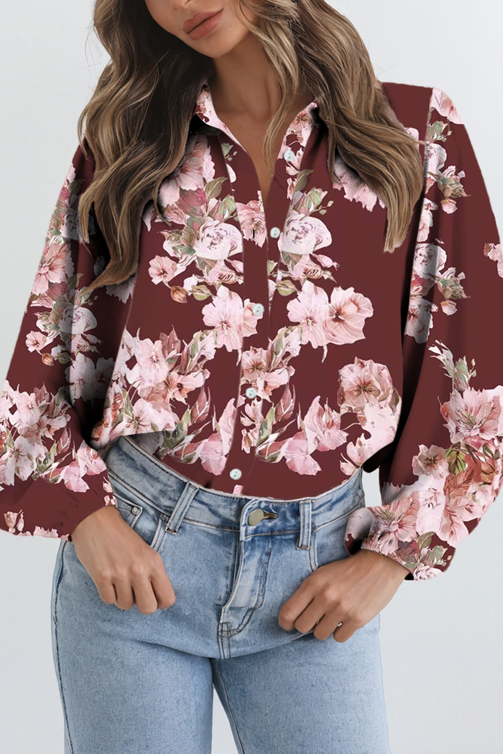 Brown Floral Puff Sleeve Lightweight Shirt-Tops/Blouses & Shirts-[Adult]-[Female]-Brown-S-2022 Online Blue Zone Planet