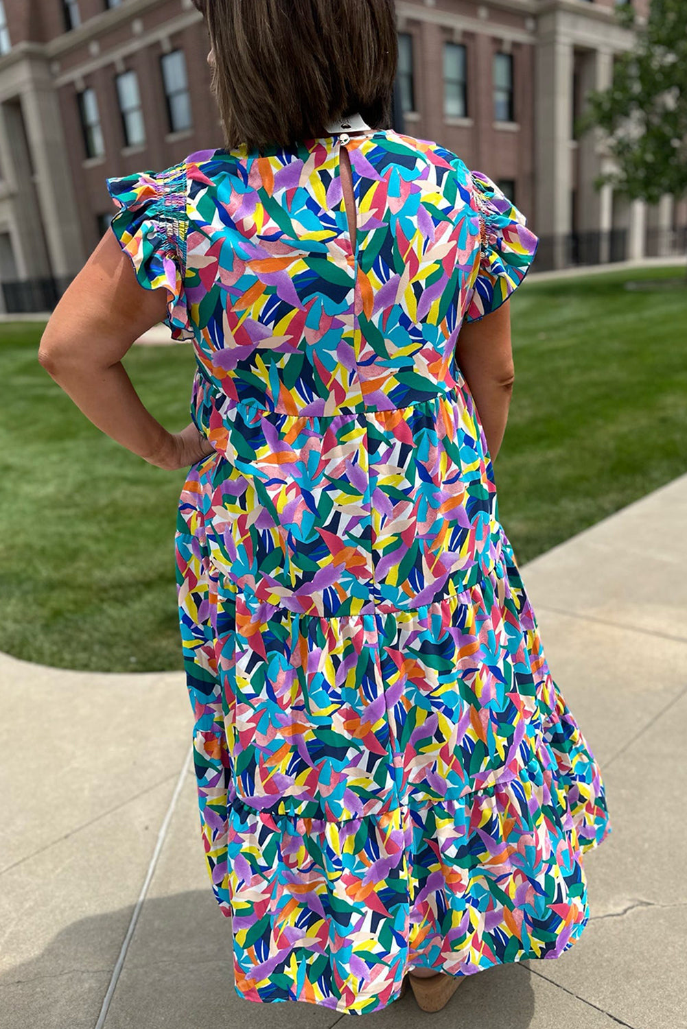 Blue Geometric Print Ruffled Short Sleeve Plus Size Tiered Maxi Dress-TOPS / DRESSES-[Adult]-[Female]-2022 Online Blue Zone Planet
