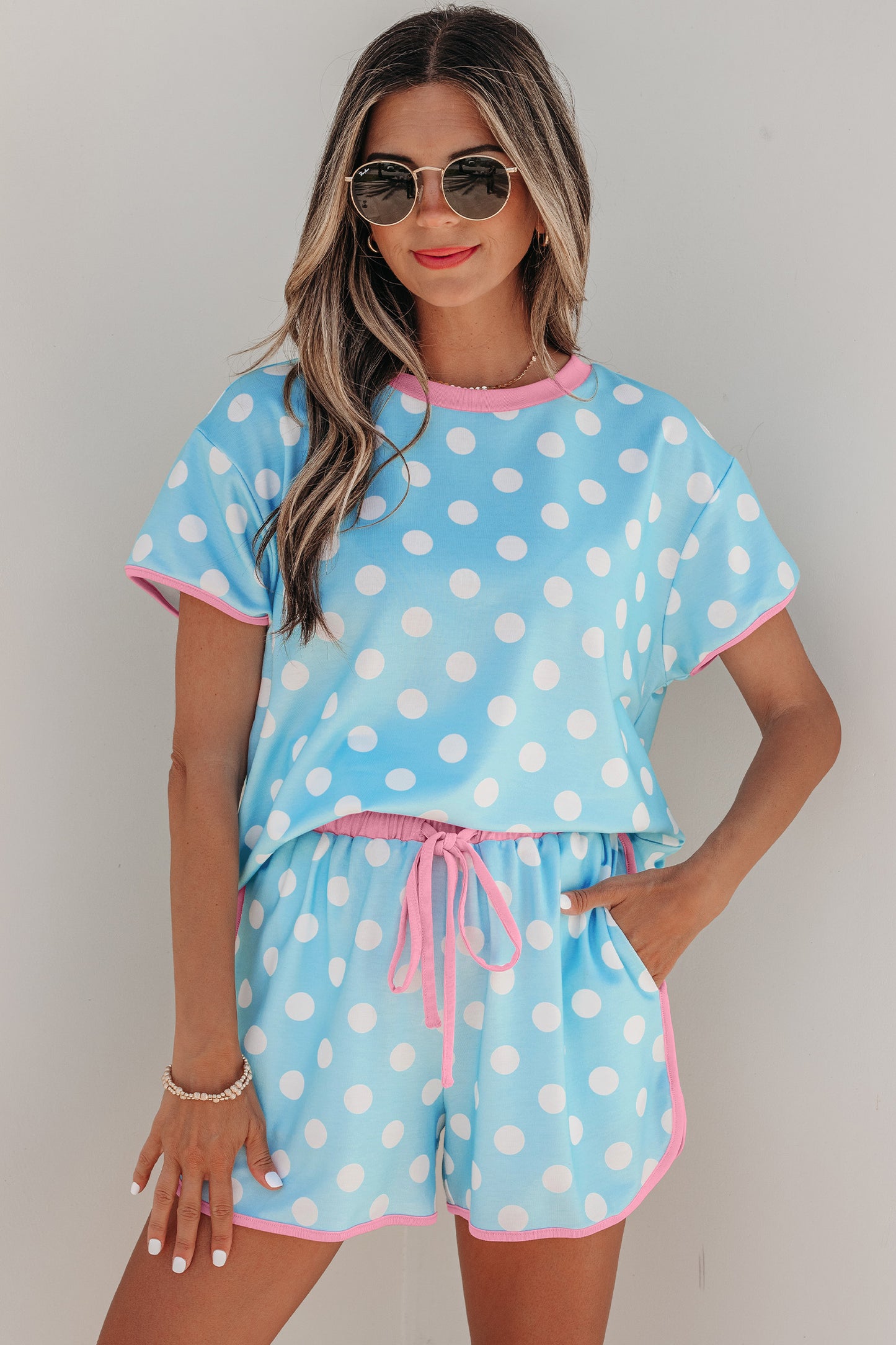 Pink Polka Dot Contrast Edge Casual Short Set-Two Piece Sets/Short Sets-[Adult]-[Female]-2022 Online Blue Zone Planet