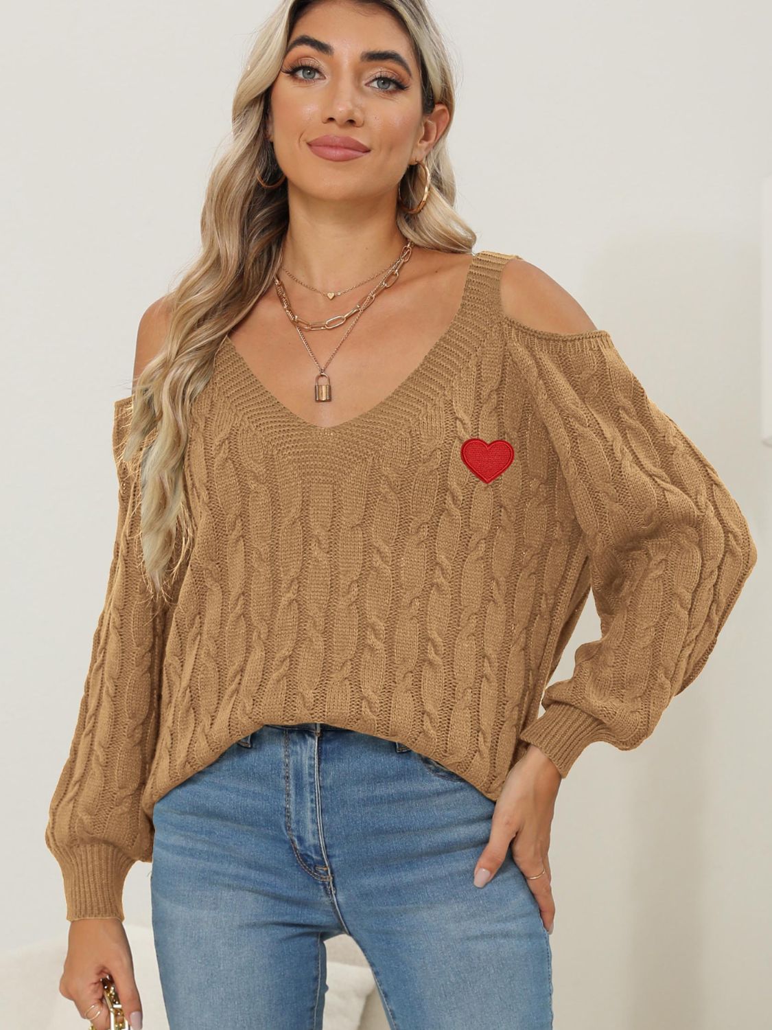 Cable-Knit Heart V-Neck Sweater-TOPS / DRESSES-[Adult]-[Female]-Camel-S-2022 Online Blue Zone Planet