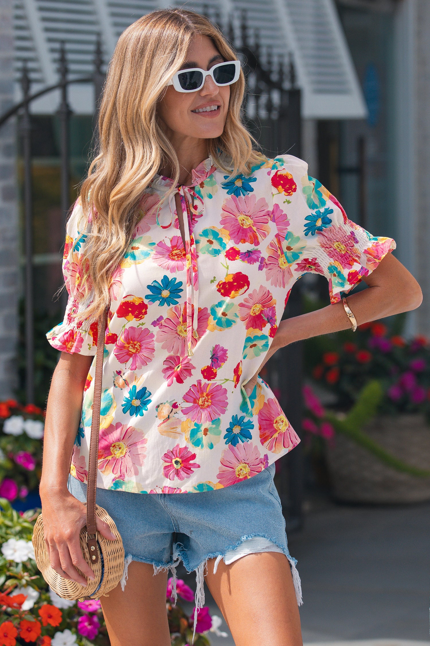 Beige Vibrant Summer Floral Tie V Neck Short Puff Sleeve Blouse-Tops/Blouses & Shirts-[Adult]-[Female]-2022 Online Blue Zone Planet