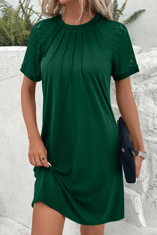 Green Contrast Lace Raglan Sleeve Pleated Detail Shift Dress-TOPS / DRESSES-[Adult]-[Female]-Blackish Green-S-2022 Online Blue Zone Planet