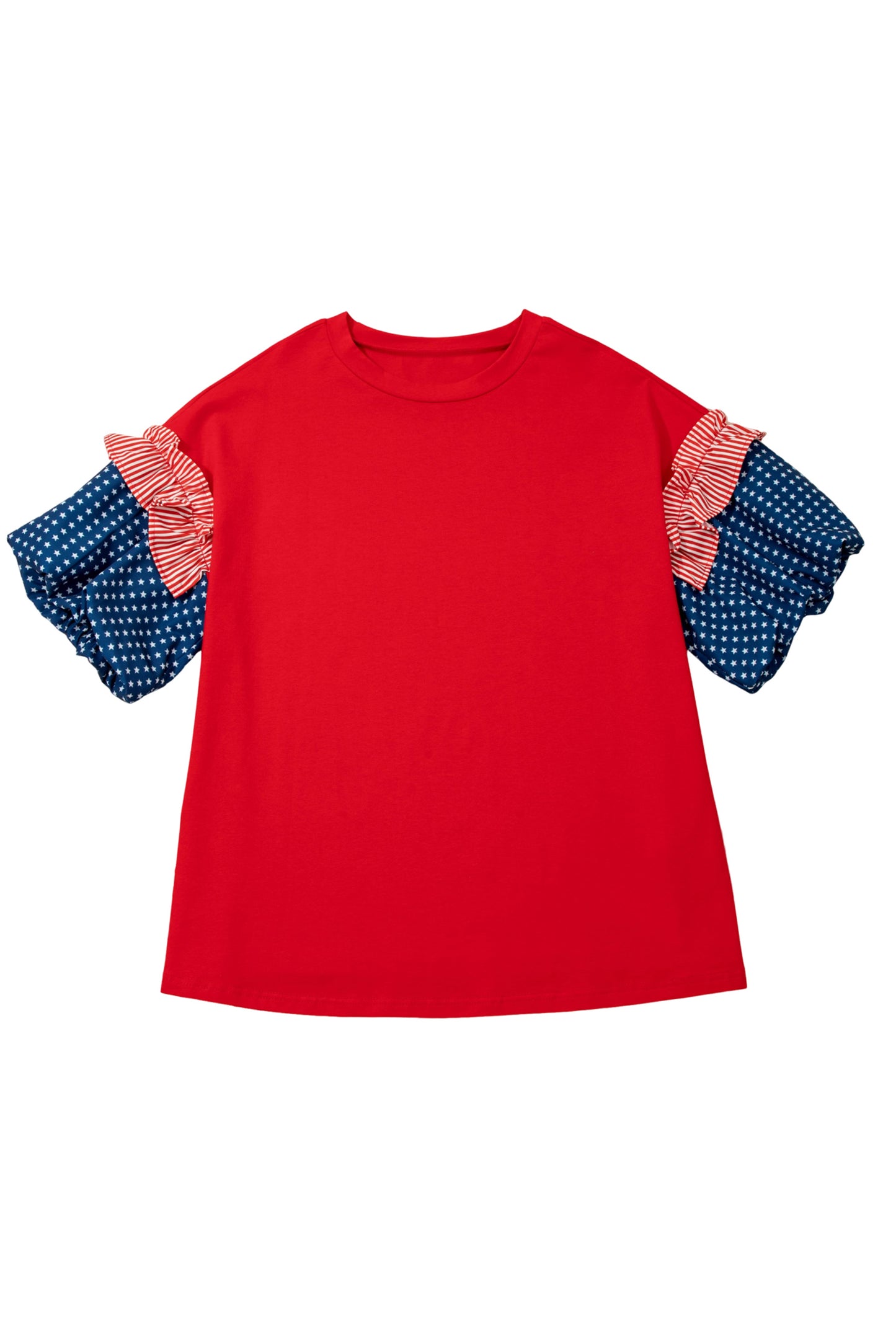 Fiery Red Plus Size Striped Ruffles Star Short Bubble Sleeve Patchwork Top-Plus Size/Plus Size Tops/Plus Size Tops & Tees-[Adult]-[Female]-2022 Online Blue Zone Planet