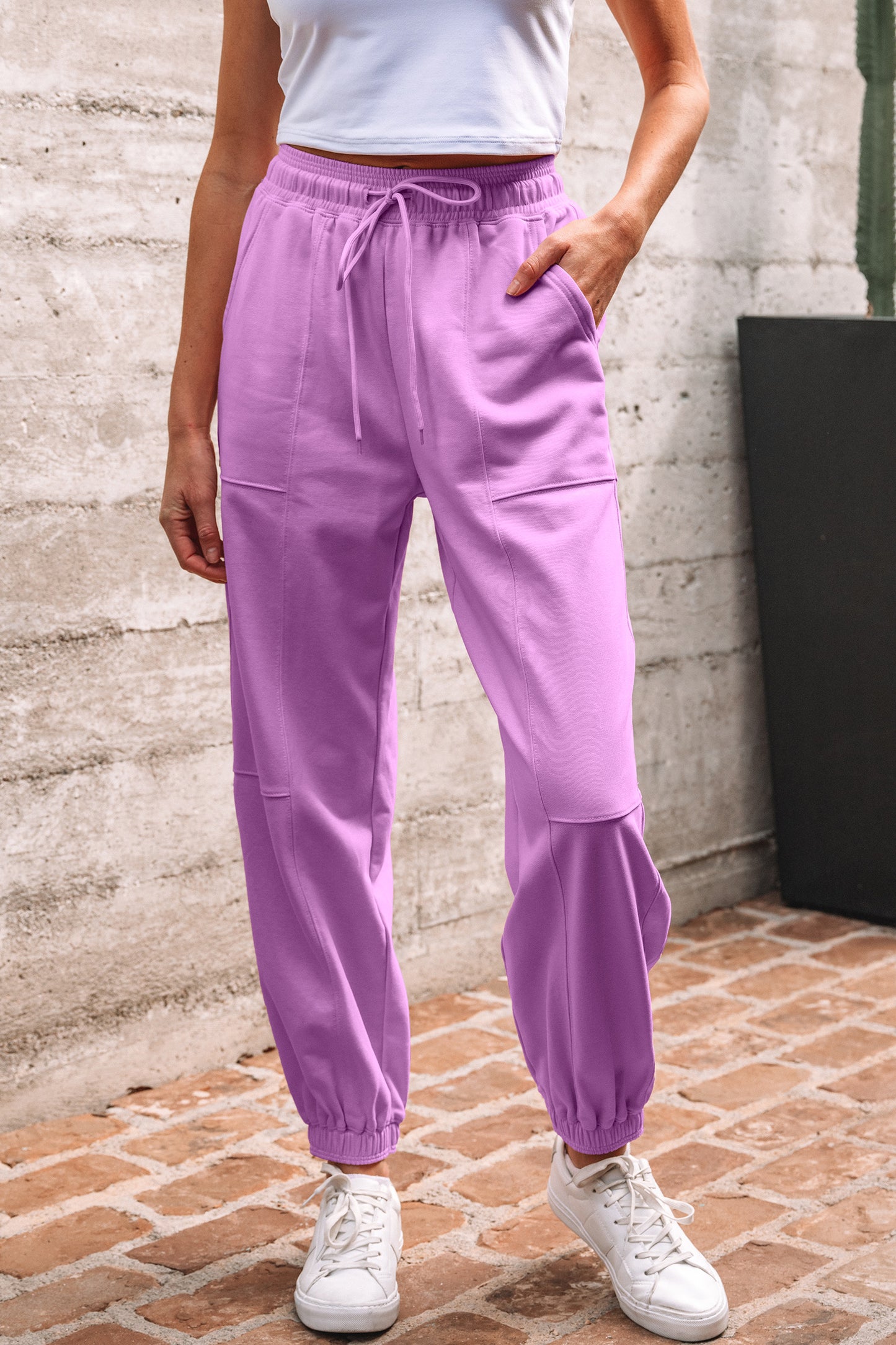 Lilac Drawstring Waist Patchwork Solid Color Jogger Pants-Bottoms/Pants & Culotte-[Adult]-[Female]-2022 Online Blue Zone Planet