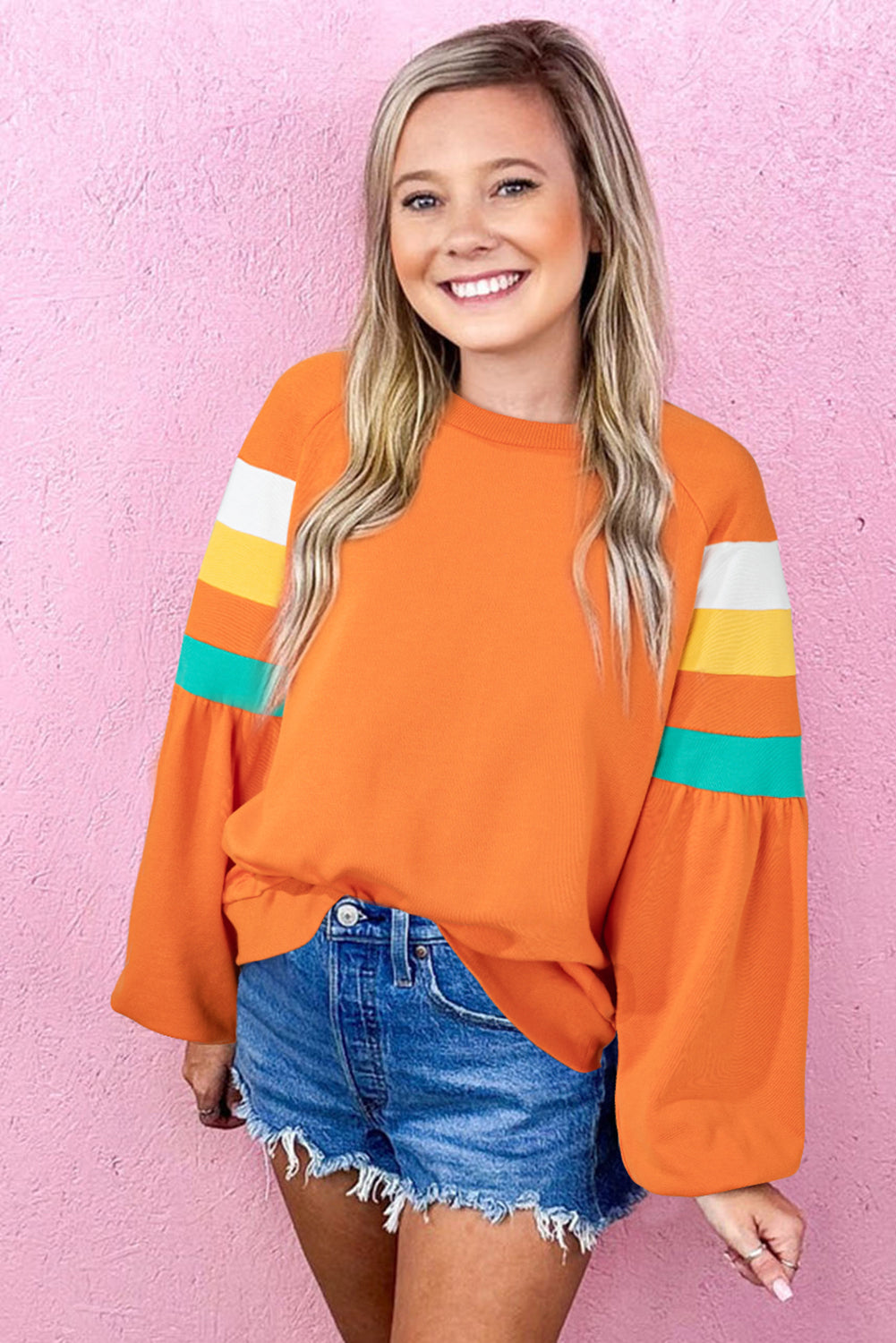 Flamingo Color Block Sleeve Exposed Seam Raglan Sweatshirt-Tops/Sweatshirts & Hoodies-[Adult]-[Female]-2022 Online Blue Zone Planet