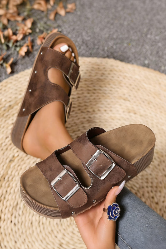 Coffee Retro Double Buckle PU Leather Faux Suede Platform Slippers-Shoes & Bags/Slippers-[Adult]-[Female]-Coffee-37-2022 Online Blue Zone Planet