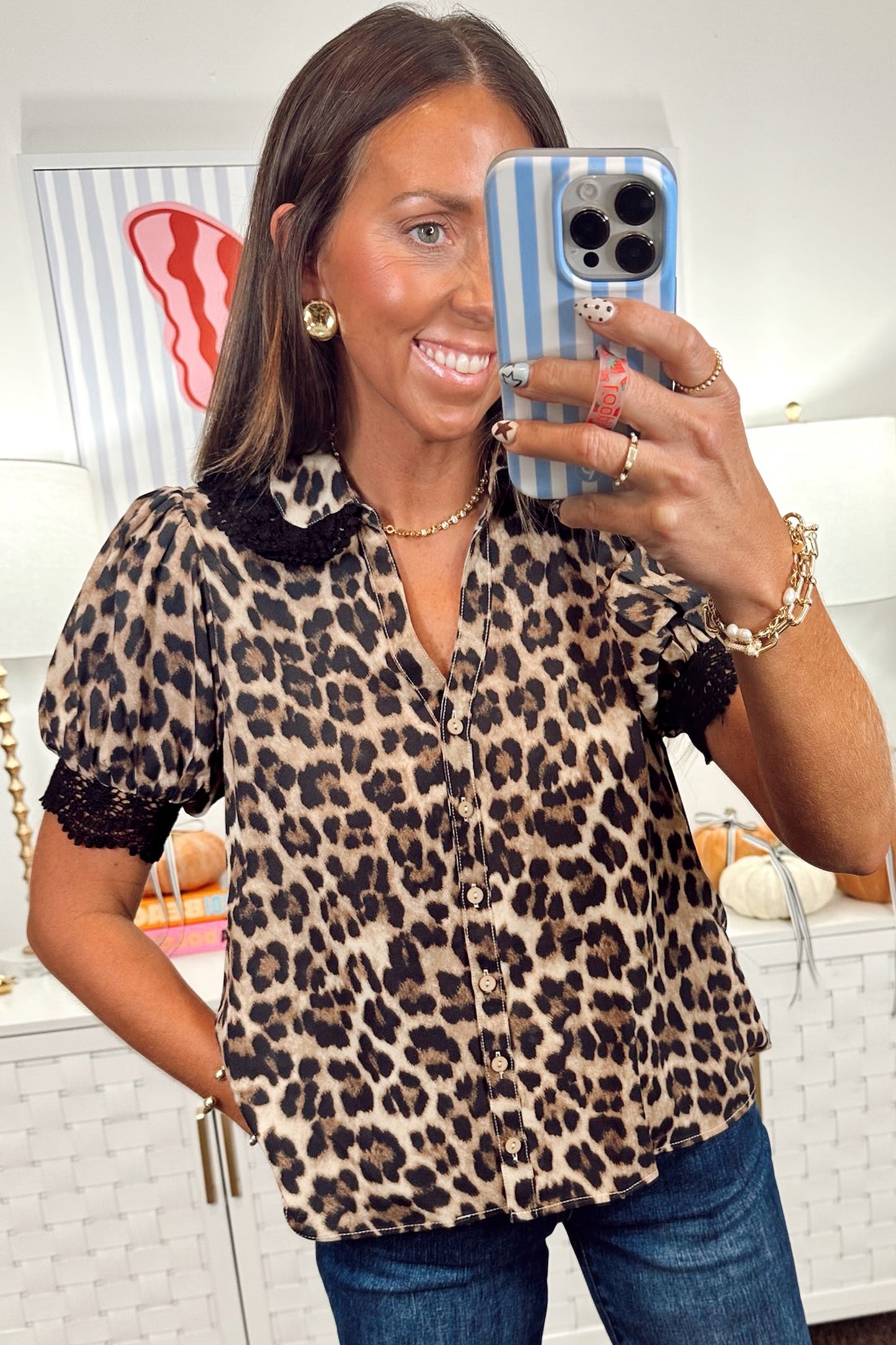 Brown Leopard Print Button Down Lace Trim Short Sleeve Shirt-Tops/Blouses & Shirts-[Adult]-[Female]-2022 Online Blue Zone Planet