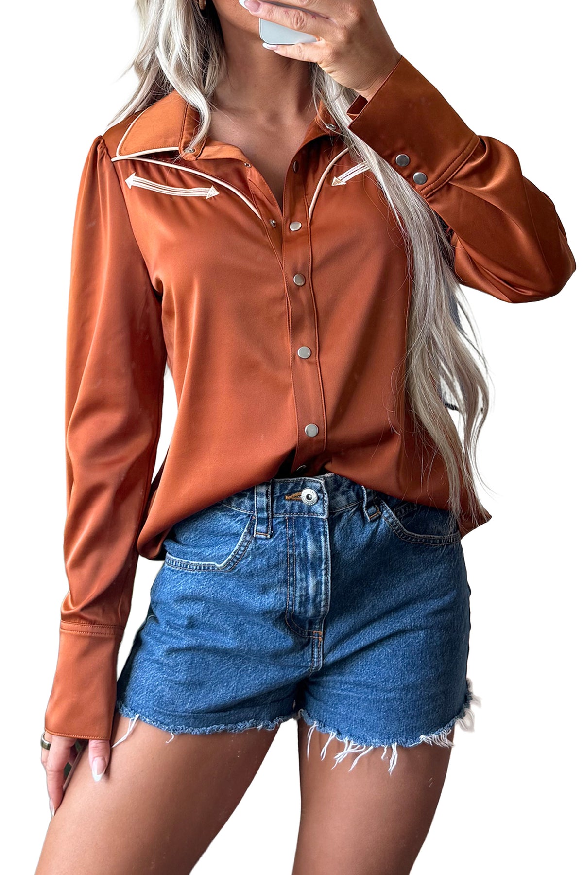 Cinnamon Silky Long Sleeve Button Front Western Fashion Shirt-Tops/Blouses & Shirts-[Adult]-[Female]-2022 Online Blue Zone Planet