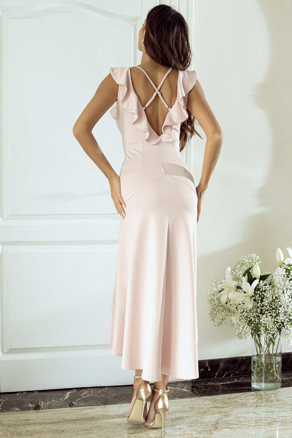 Blue Zone Planet |  Apricot Pink Crossed Backless Mermaid Trim Wedding Party Dress Blue Zone Planet
