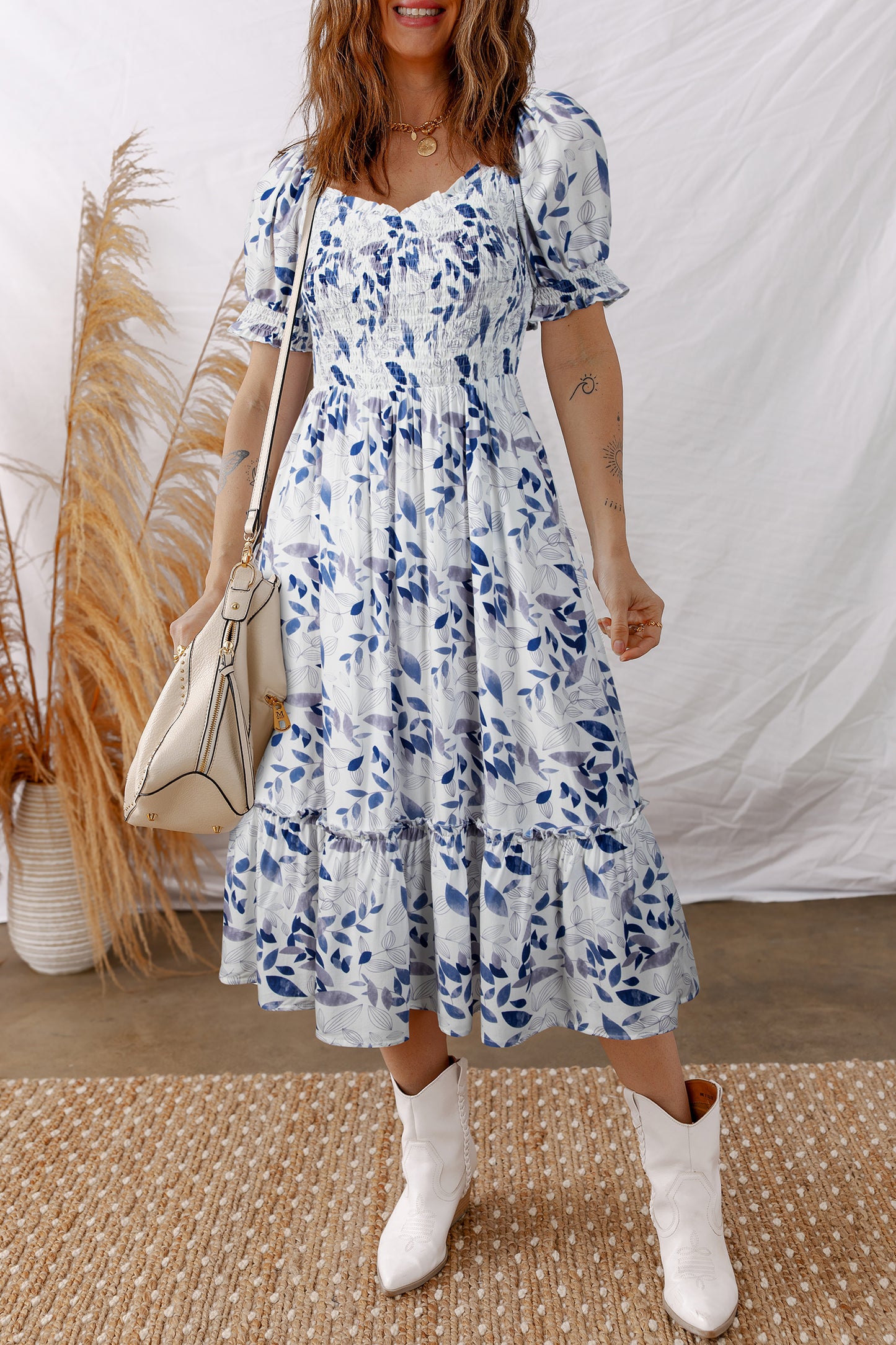 Sky Blue Smocked Bodice Short Puff Sleeve Tiered Floral Midi Dress-TOPS / DRESSES-[Adult]-[Female]-2022 Online Blue Zone Planet