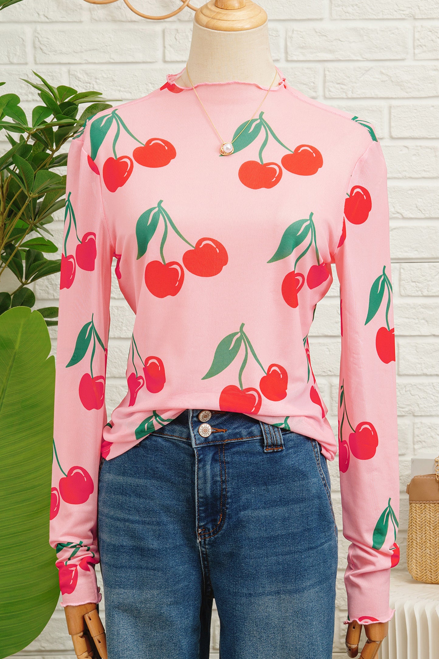 Pink Cherry Print Lettuce Trim Long Sleeve Mesh Top-Tops/Long Sleeve Tops-[Adult]-[Female]-2022 Online Blue Zone Planet