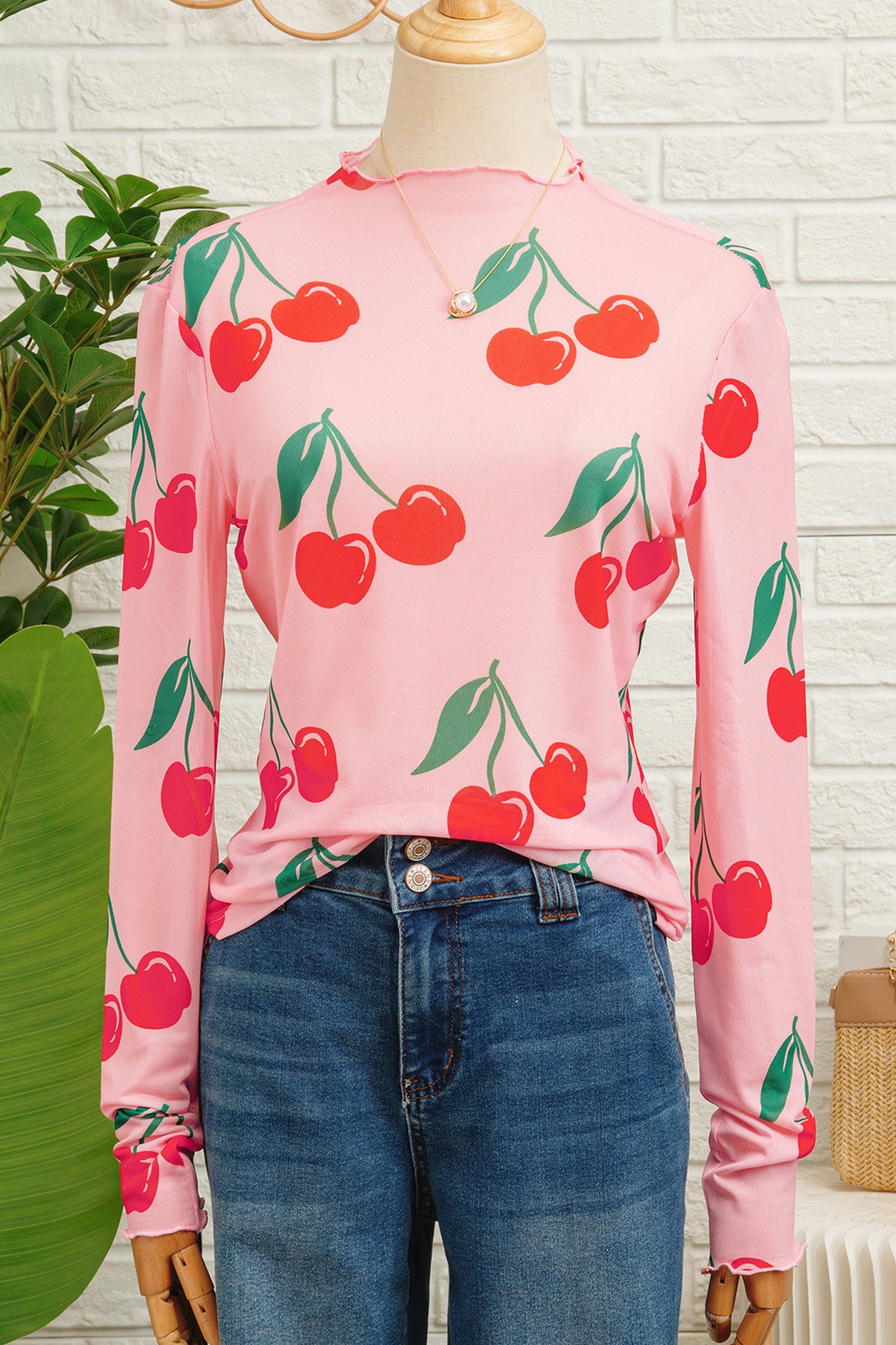 Pink Cherry Print Lettuce Trim Long Sleeve Mesh Top-Tops/Long Sleeve Tops-[Adult]-[Female]-2022 Online Blue Zone Planet