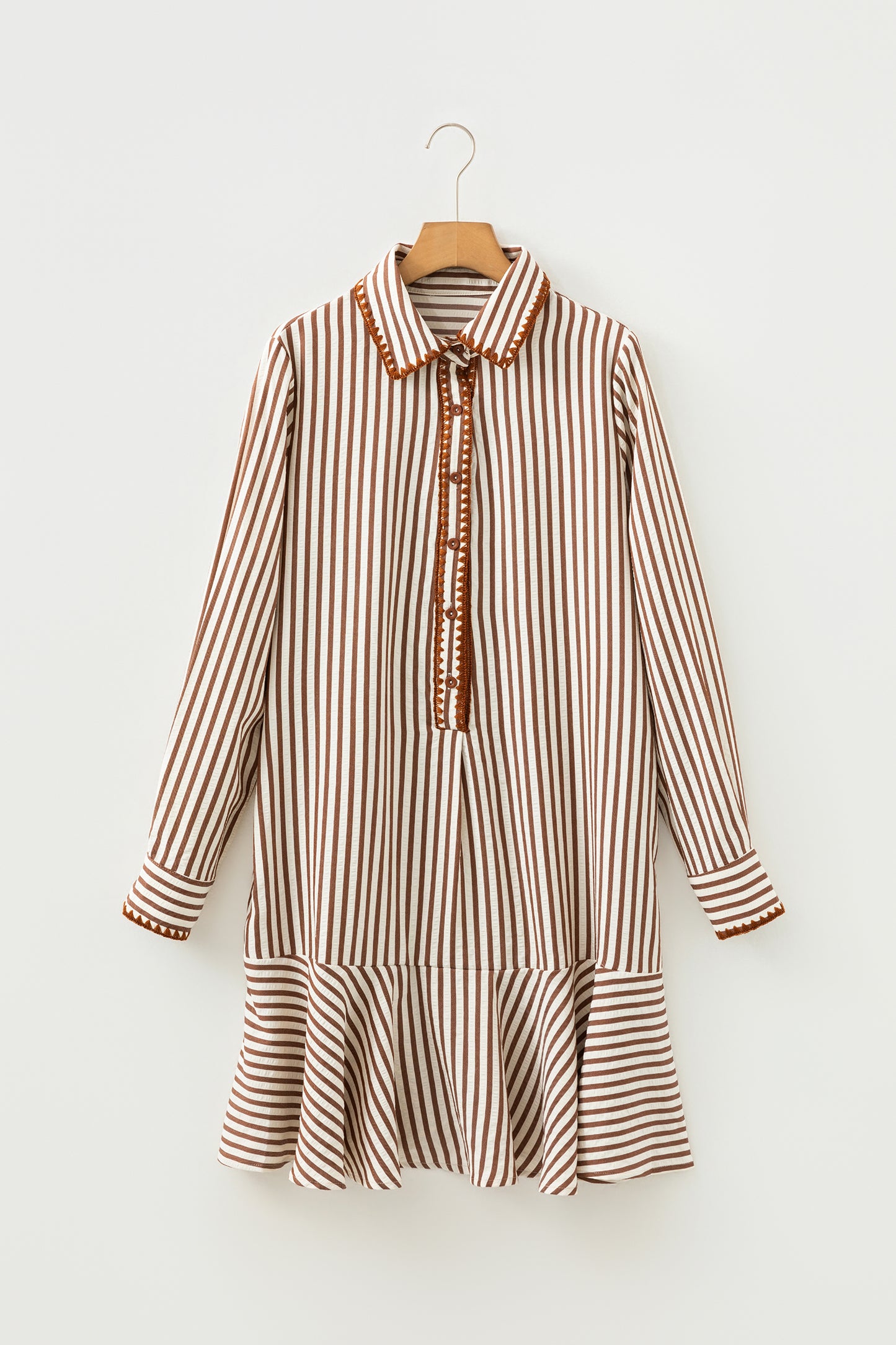 Khaki Stripe Shirt Collar Embroidered Trim Ruffle Hem Long Sleeve Mini Dress-TOPS / DRESSES-[Adult]-[Female]-2022 Online Blue Zone Planet