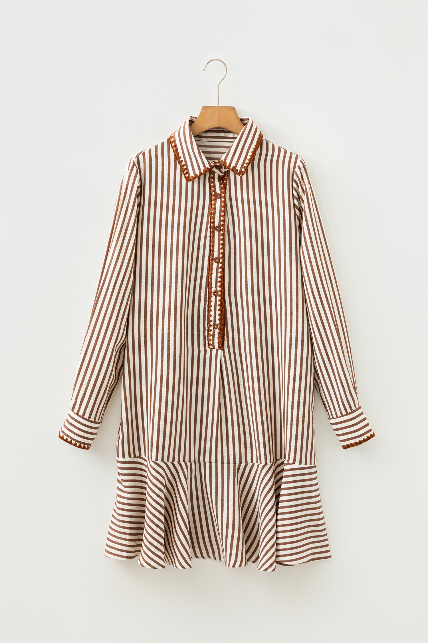 Khaki Stripe Shirt Collar Embroidered Trim Ruffle Hem Long Sleeve Mini Dress-TOPS / DRESSES-[Adult]-[Female]-2022 Online Blue Zone Planet