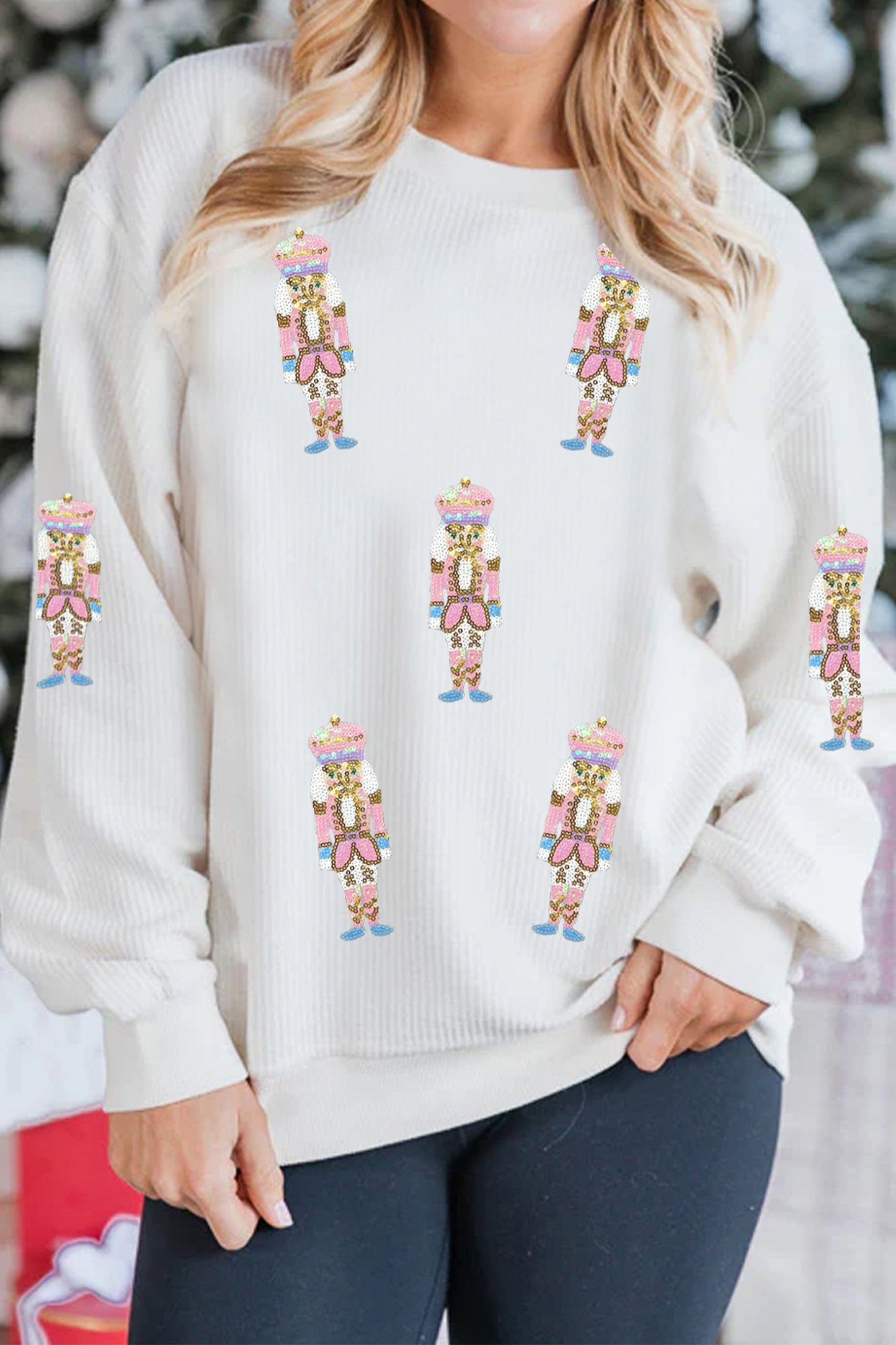 White Corded Rib Sequin Patched Nutcracker Graphic Drop Shoulder Sweatshirt-Graphic/Graphic Sweatshirts-[Adult]-[Female]-2022 Online Blue Zone Planet