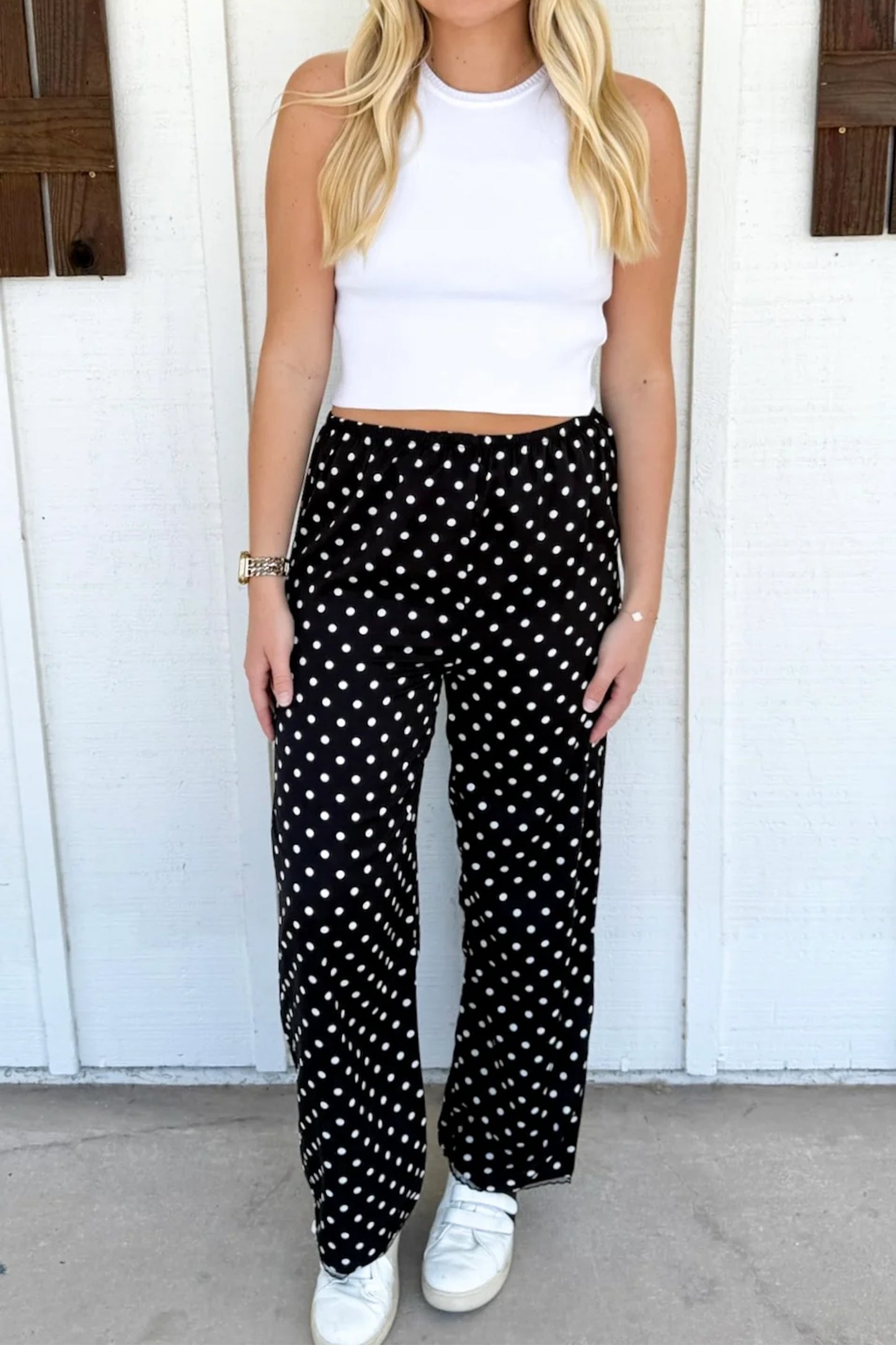 Black Polka Dot Print Elastic Waist Lace Hem Loose Pants-Bottoms/Pants & Culotte-[Adult]-[Female]-2022 Online Blue Zone Planet
