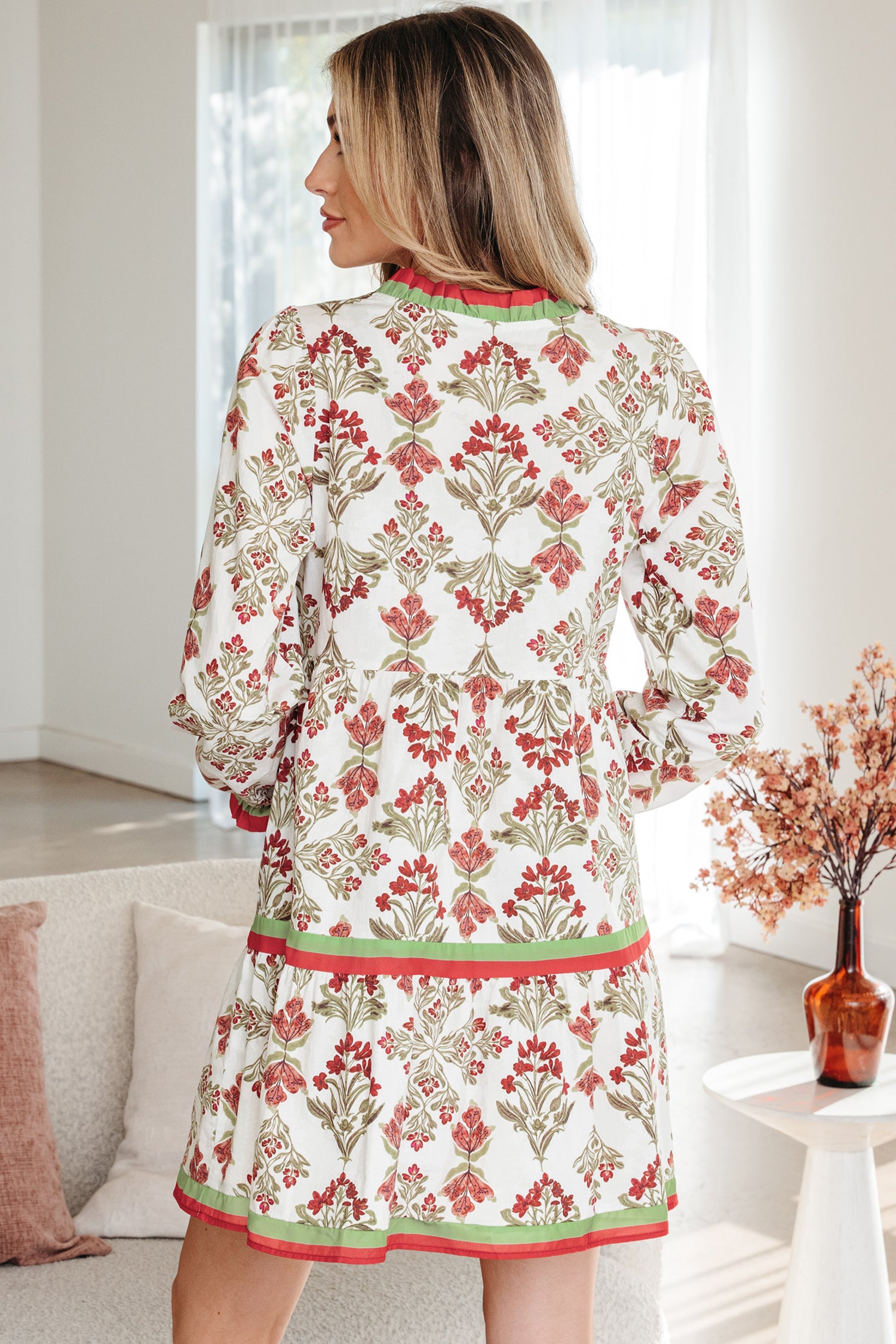 Pink Floral Print Contrast Trim Frilled Neck Long Sleeve Flared Dress-TOPS / DRESSES-[Adult]-[Female]-2022 Online Blue Zone Planet
