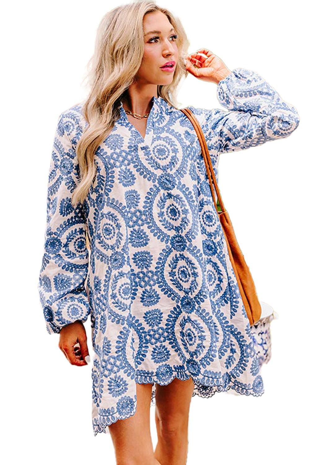 Blue Boho Floral Embroidered Notch V Neck Mini Dress-Short Dresses-[Adult]-[Female]-2022 Online Blue Zone Planet